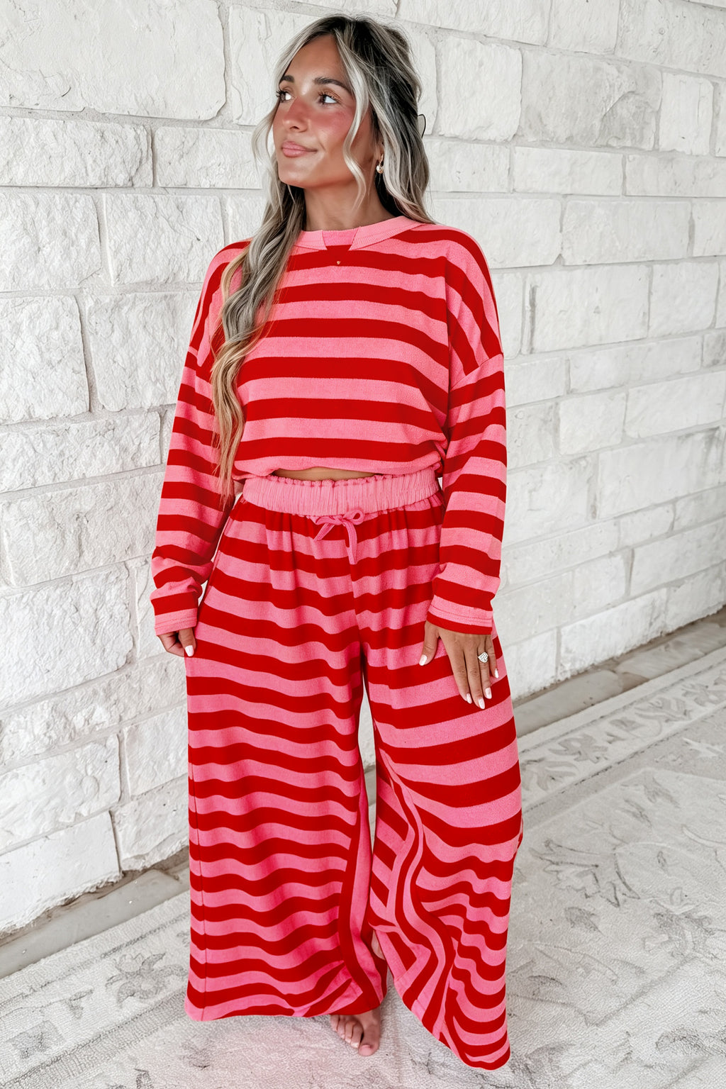 Red Stripe Two-Piece Drop Shoulder Pullover Loose Pants Set PREORDER ETA 3 WEEKS