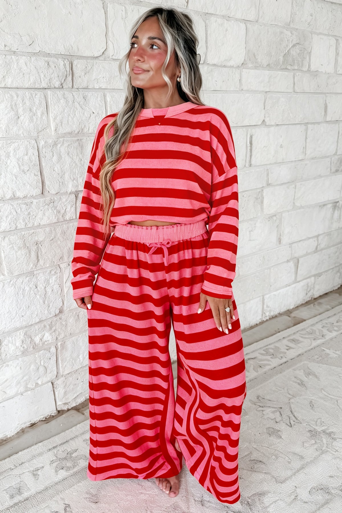 Red Stripe Two-Piece Drop Shoulder Pullover Loose Pants Set PREORDER ETA 3 WEEKS