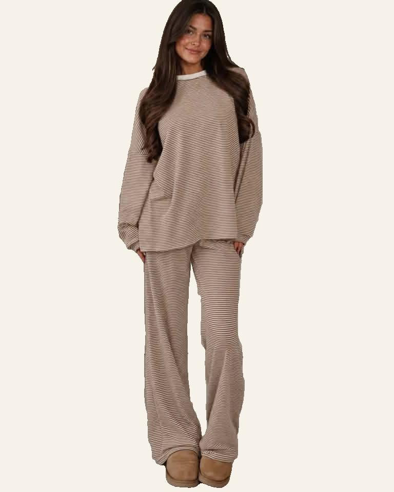 Beige striped two-piece pant set