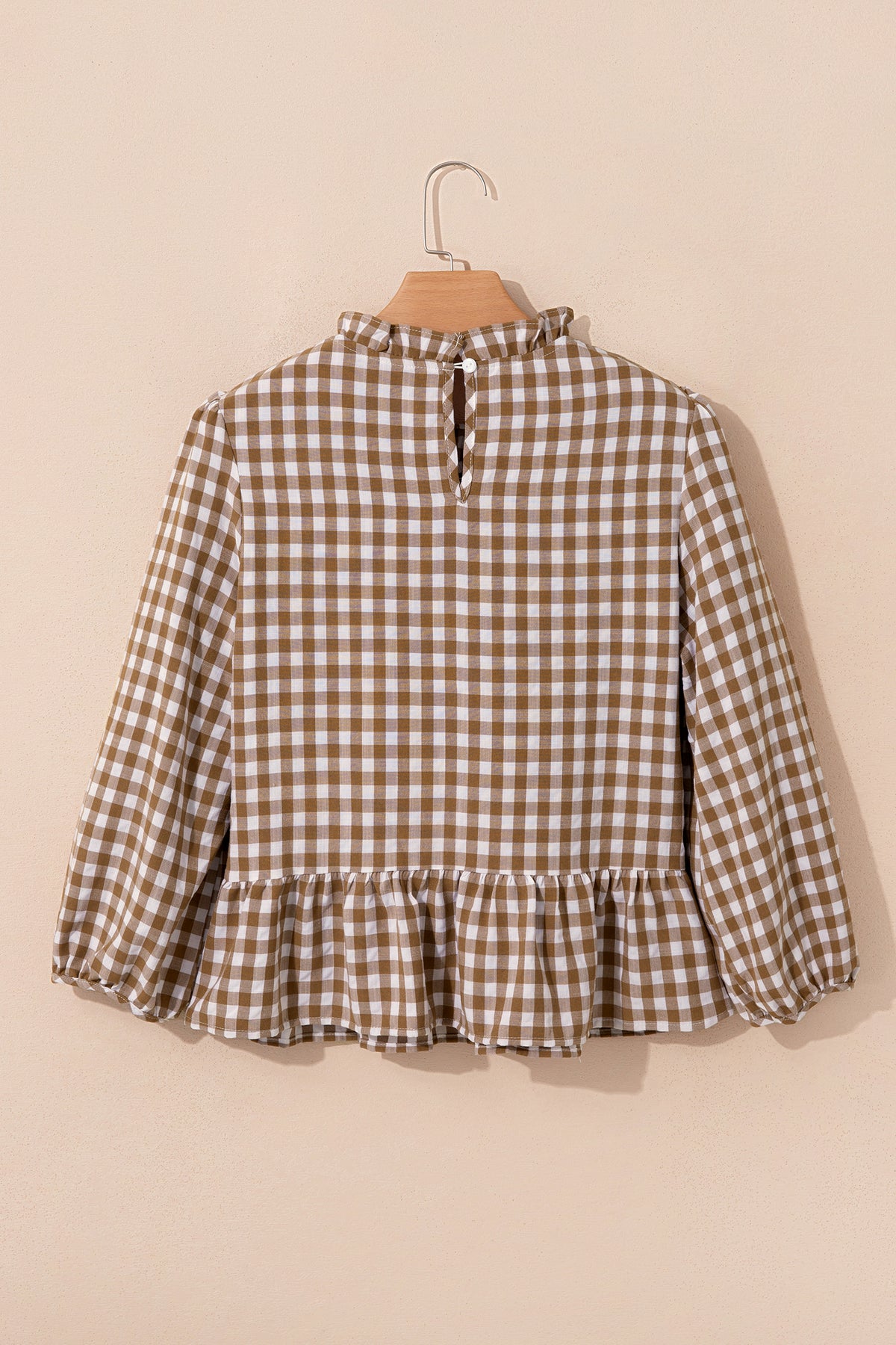Brown 3/4 Sleeve Shirred Plaid Peplum Top PREORDER ETA 3 WEEKS