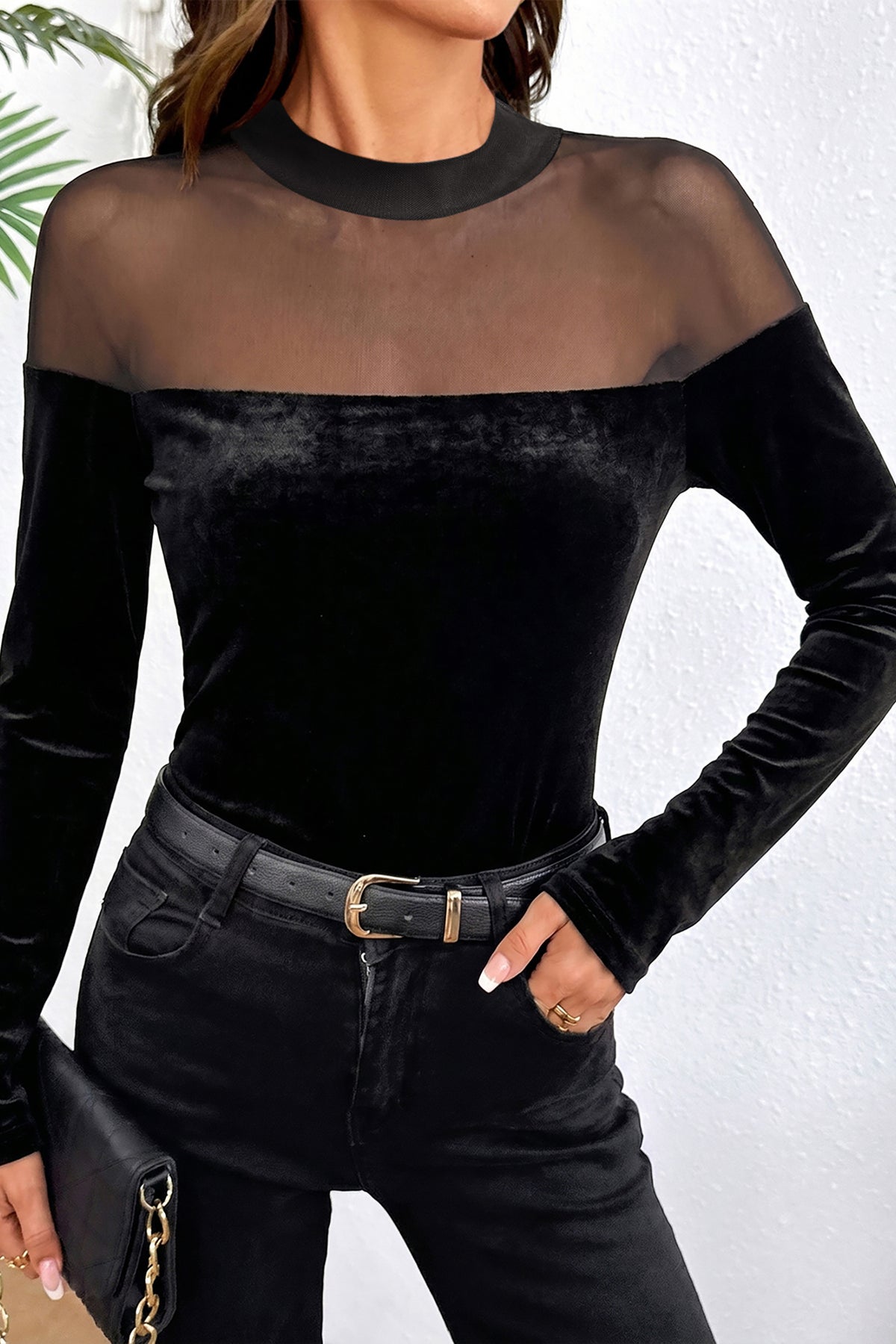 Black Velvet Long Sleeve Sheer Neck Patchwork Casual Pullover Top PREORDER ETA 3 WEEKS