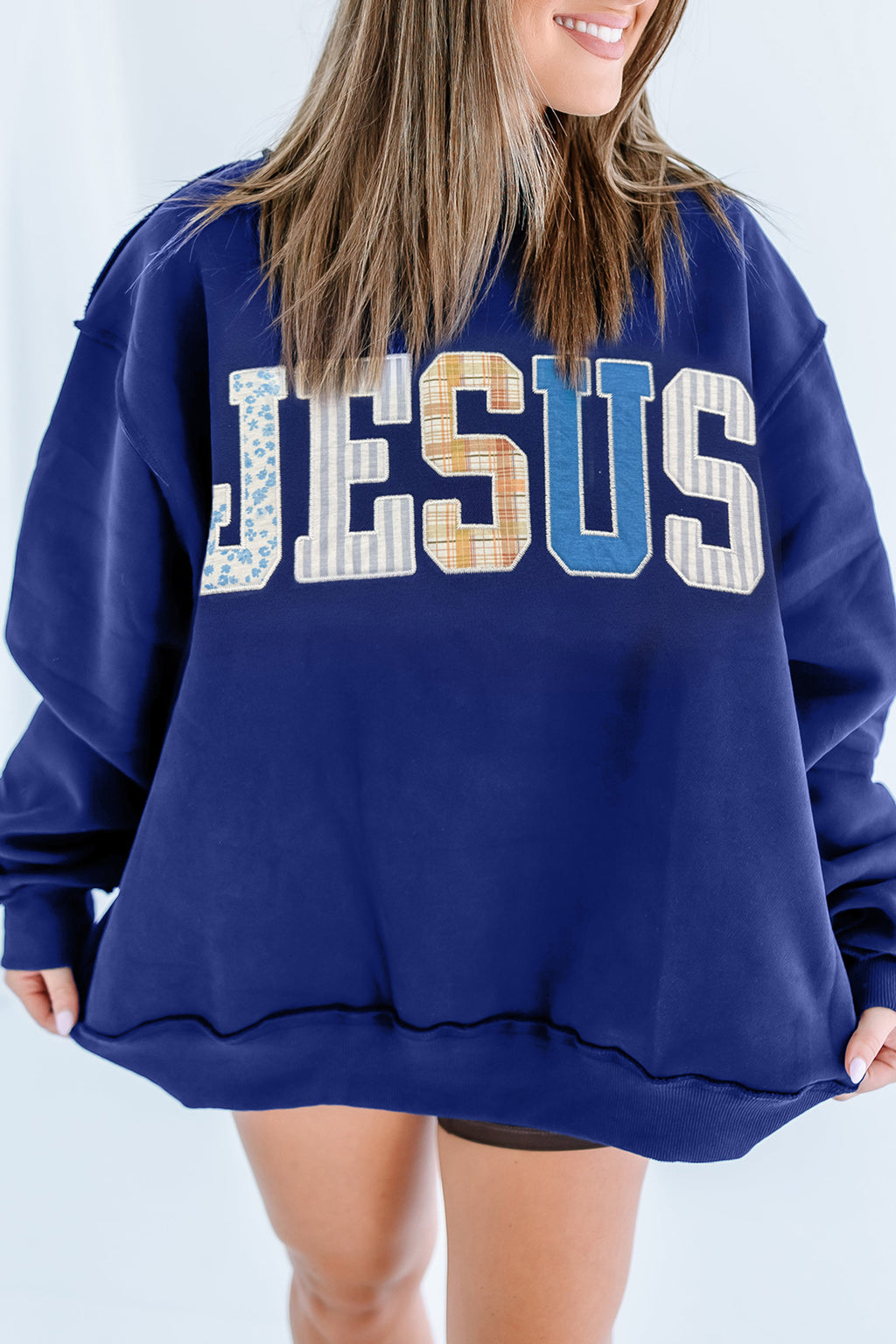 Navy Blue JESUS Mixed Pattern Embroidered Patch Graphic Mock Neck Sweatshirt PREORDER ETA 3 WEEKS