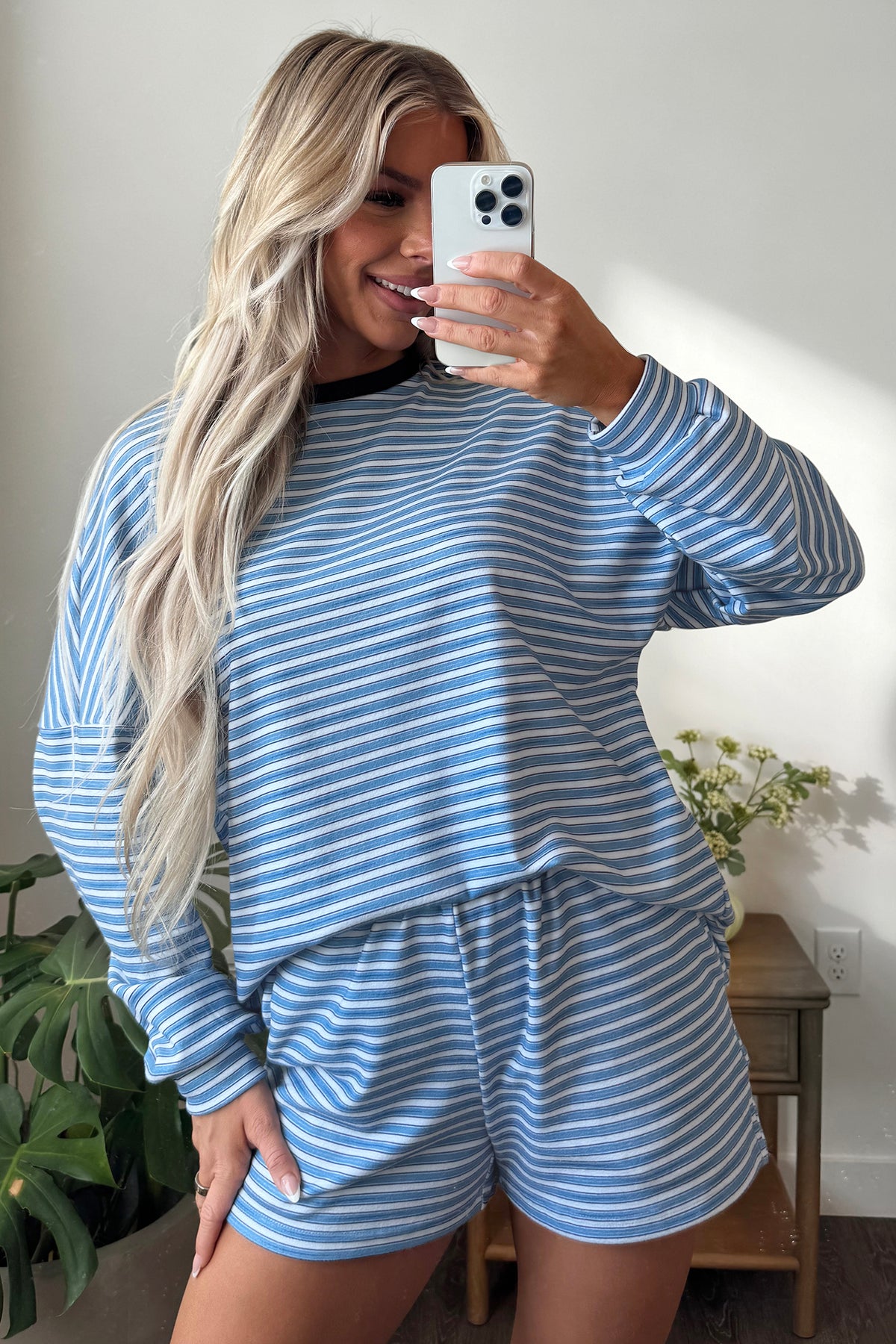Sky Blue Stripe Long Sleeve Oversized Top Pocketed Casual Shorts Two Piece Set PREORDER ETA 3 WEEKS