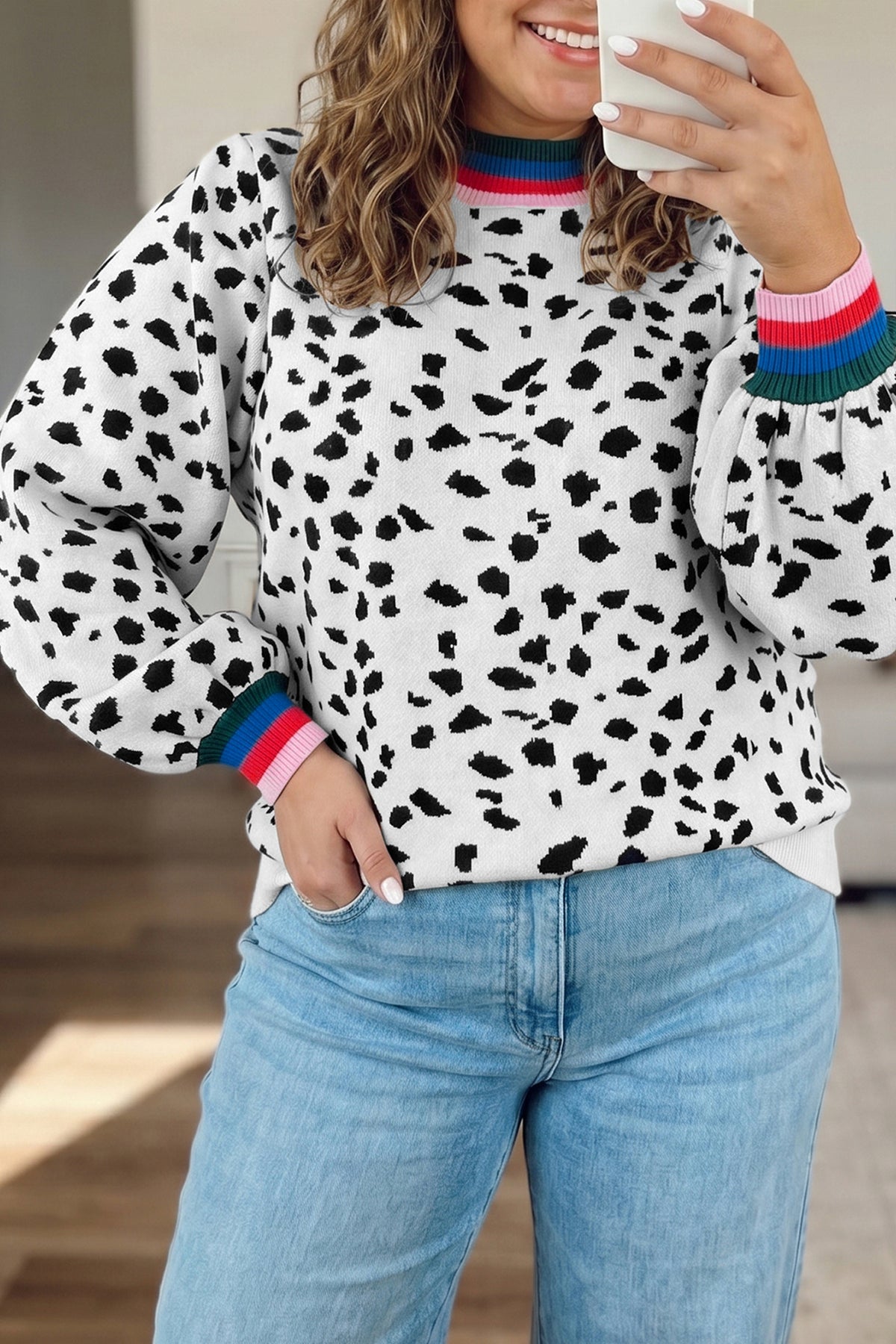 White Leopard Print Colorblock Round Neck Long Sleeve Tunic Plus Size Sweater PREORDER ETA 3 WEEKS