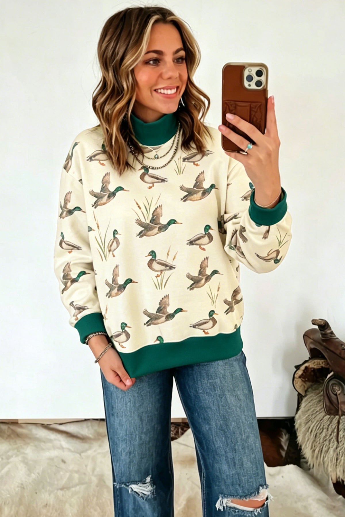Multicolour Mallard Print Patchwork Colorblock High Neck Sweatshirt PREORDER ETA 3 WEEKS