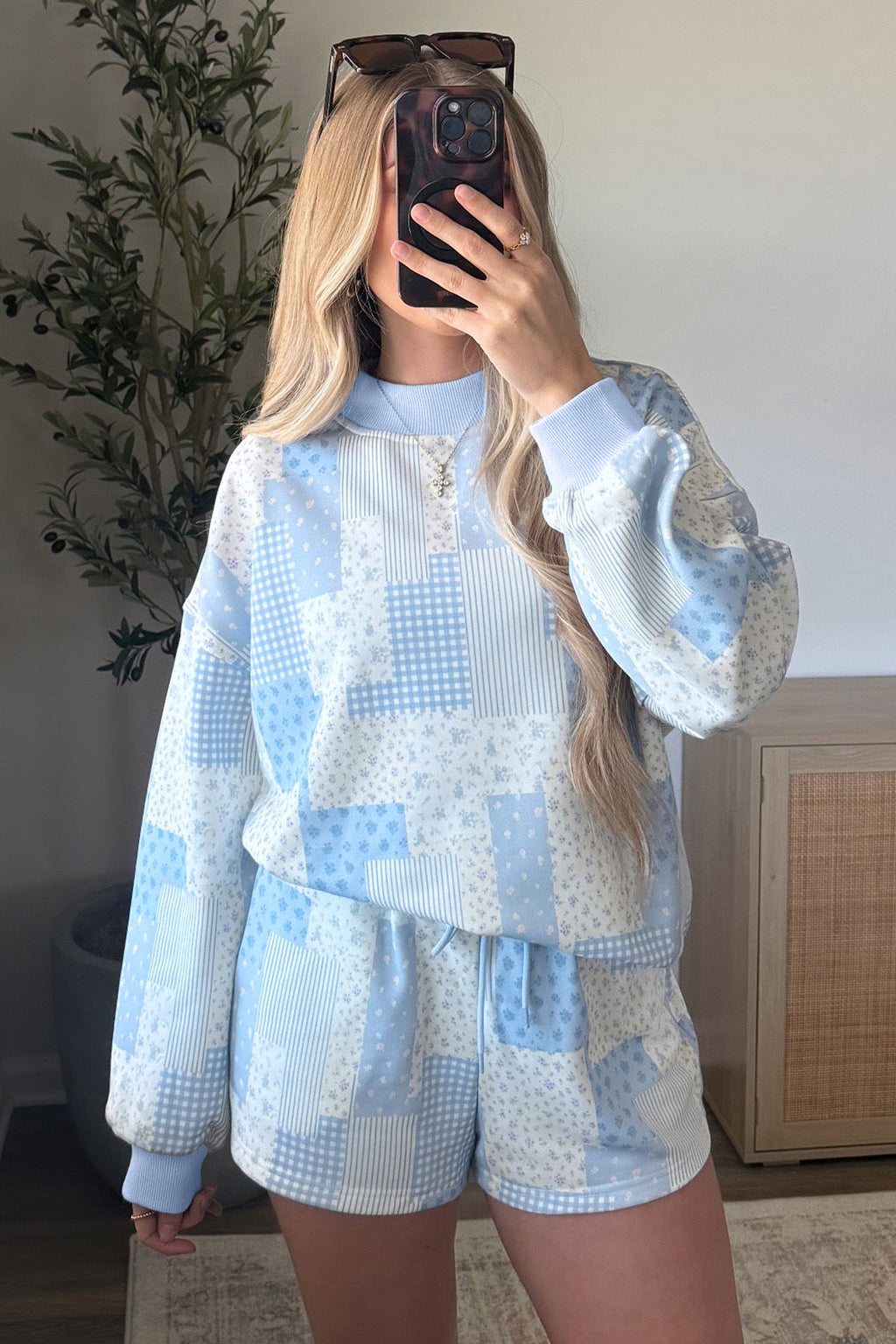 Sky Blue Patchwork Floral Print Drop Shoulder Baggy Pullover Drawstring Shorts Set PREORDER ETA 3 WEEKS