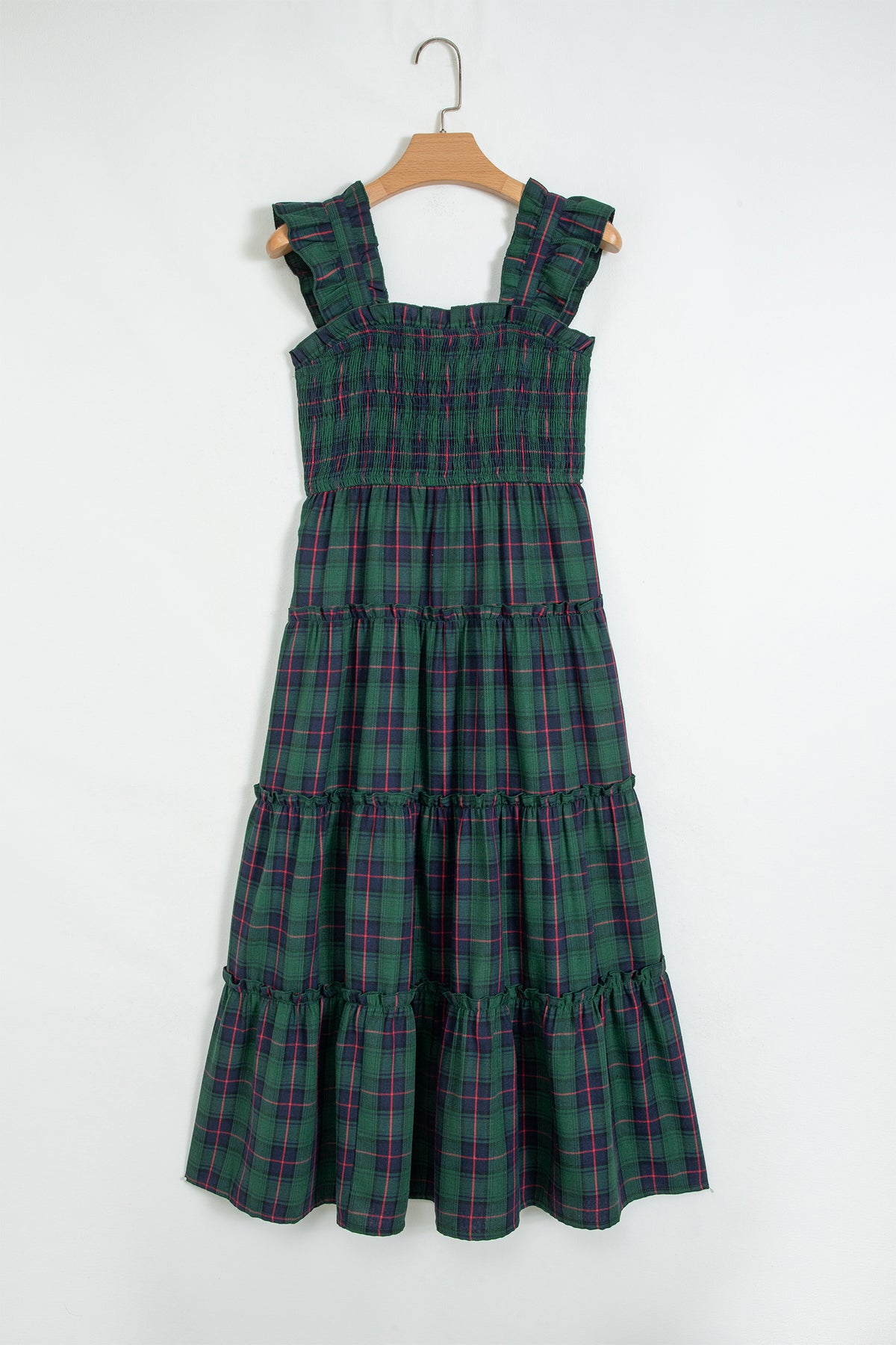 Green Plaid Ruffle Sleeveless Shirred Bodice Tiered Midi Dress PREORDER ETA 3 WEEKS