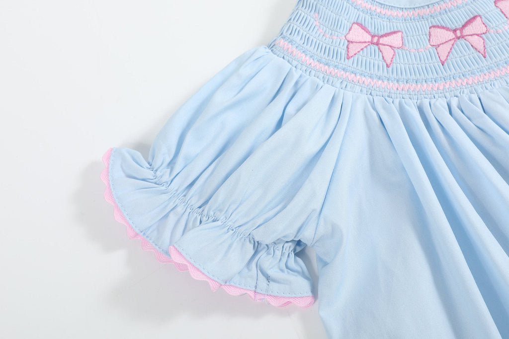 Blue and Pink Bow Smocked Bishop Dress