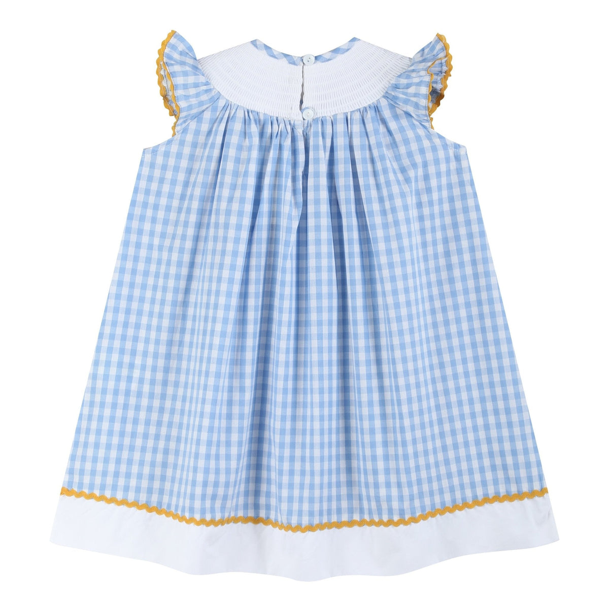 Blue Gingham Sunflower Smocked Bishop Dress