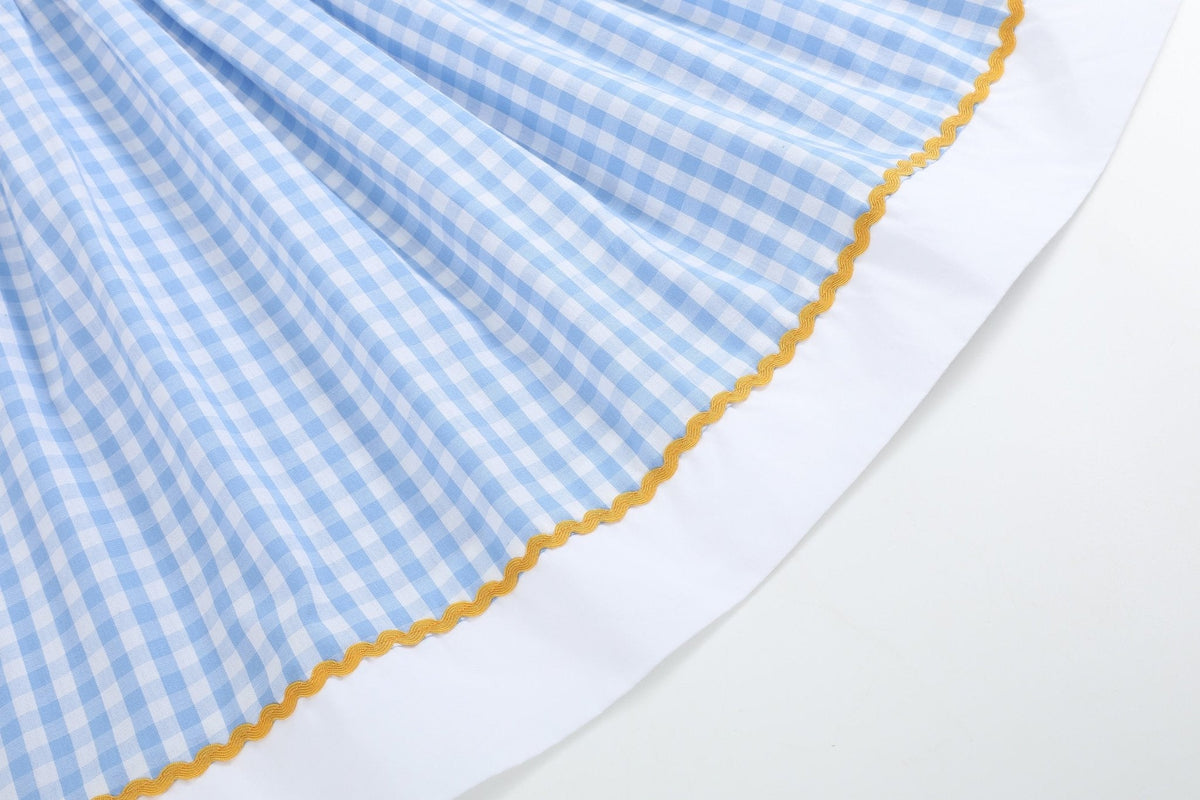 Blue Gingham Sunflower Smocked Bishop Dress