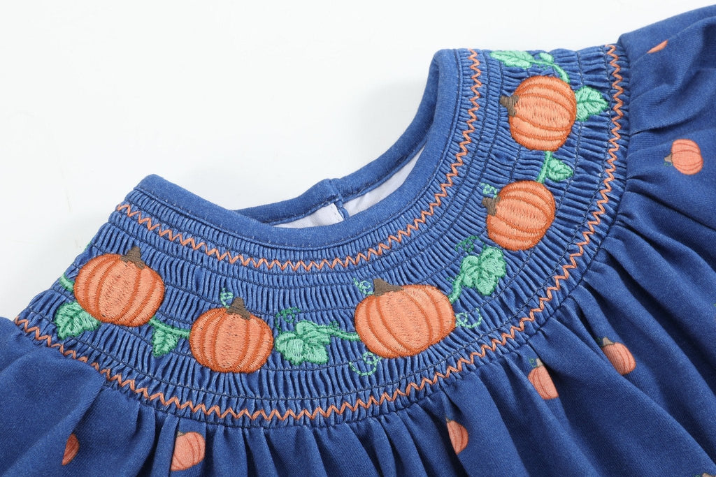Blue Pumpkin Print Knit Smocked Bubble Romper