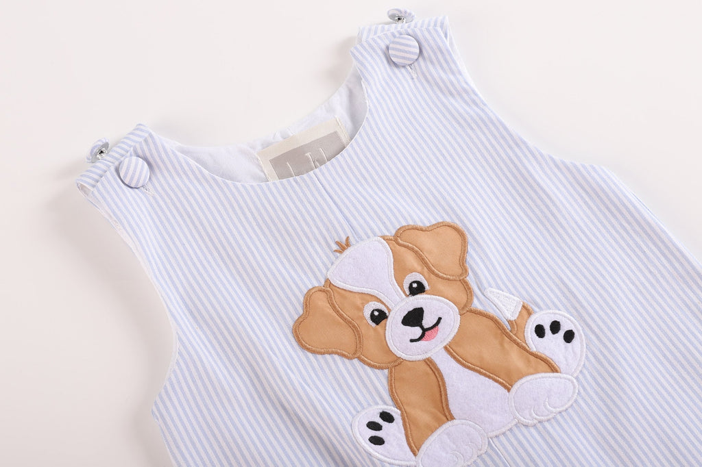 Blue Puppy Appliqué Seersucker Shortalls