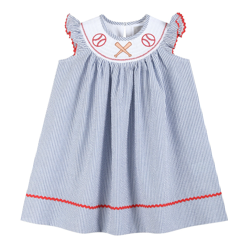 Blue Seersucker Baseball Smocked Bishop Dress