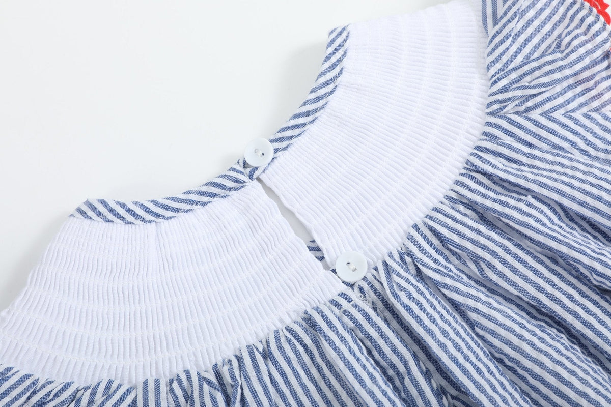 Blue Seersucker Baseball Smocked Bishop Dress