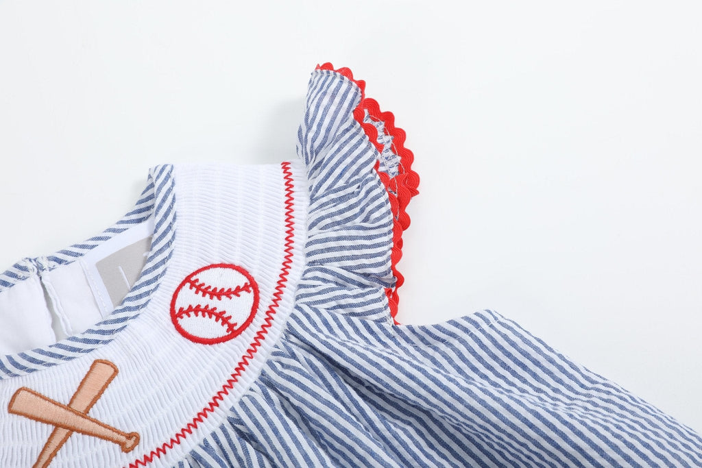 Blue Seersucker Baseball Smocked Bishop Dress