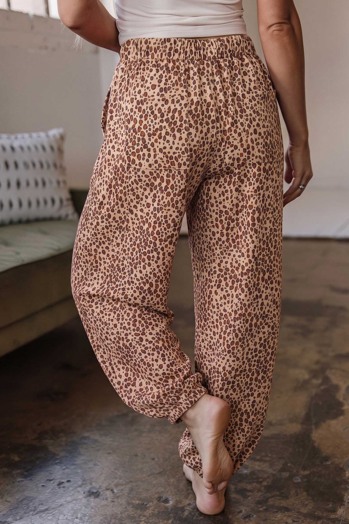 Khaki Leopard Print Drawstring Waist Patch Pockets Pants PREORDER ETA 3 WEEKS