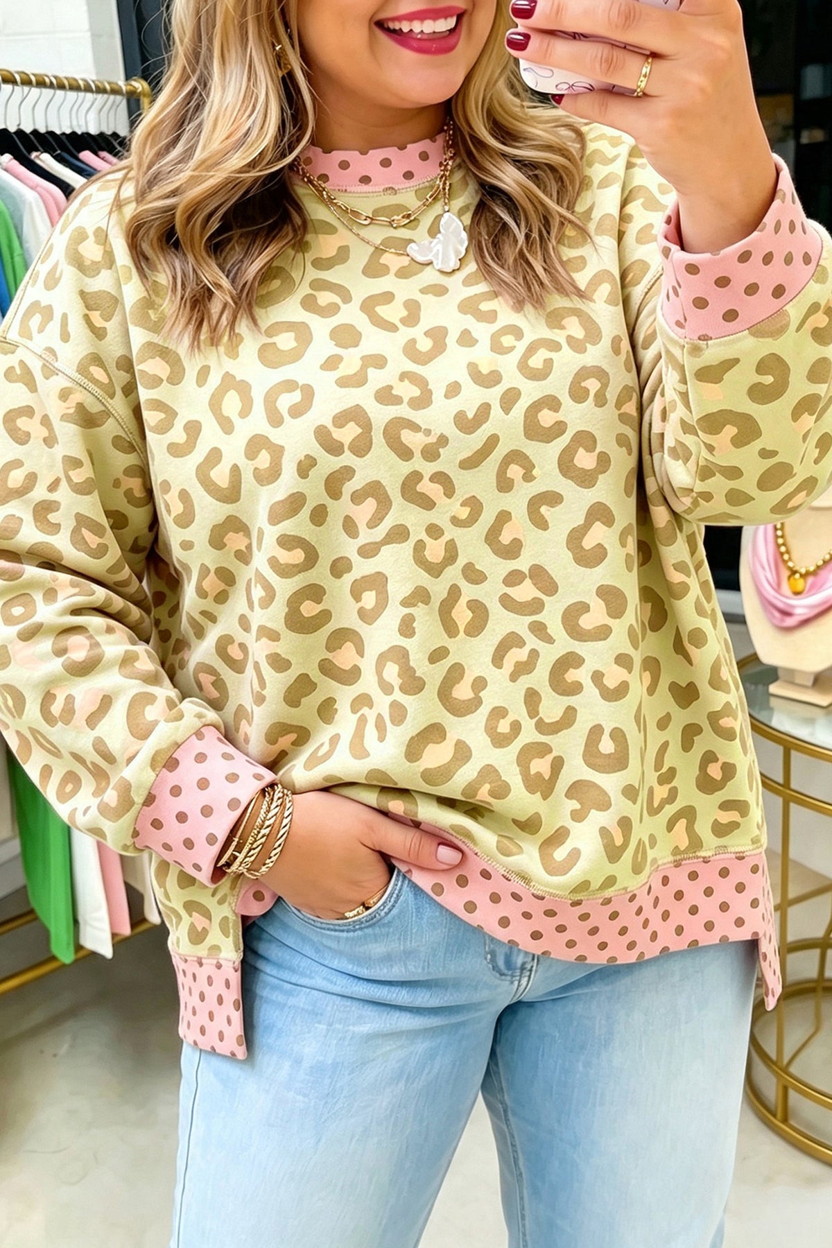Khaki Plus Size Leopard Print Contrast Polka Dot Trim Long Sleeve Top PREORDER ETA 3 WEEKS