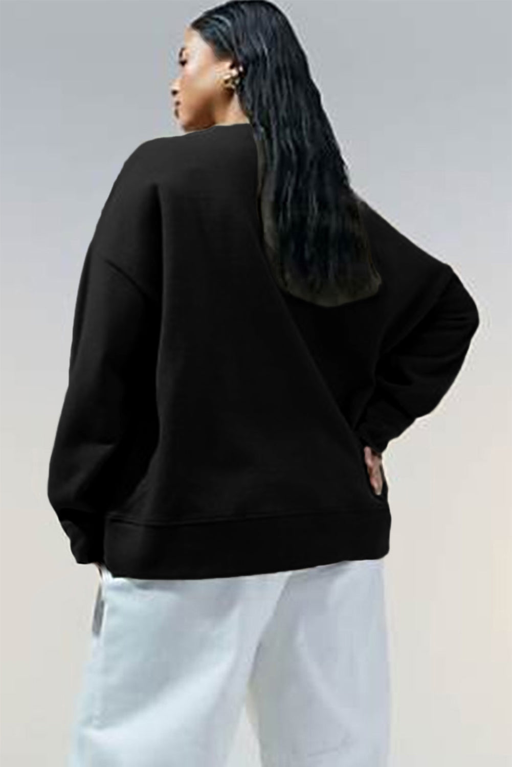 Black Solid Button Placket Crew Neck Plus Size Sweatshirt PREORDER ETA 3 WEEKS