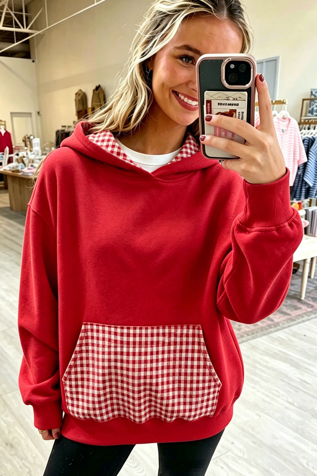 Racing Red Plaid Patchwork Front Pocket Casual Hoodie PREORDER ETA 3 WEEKS
