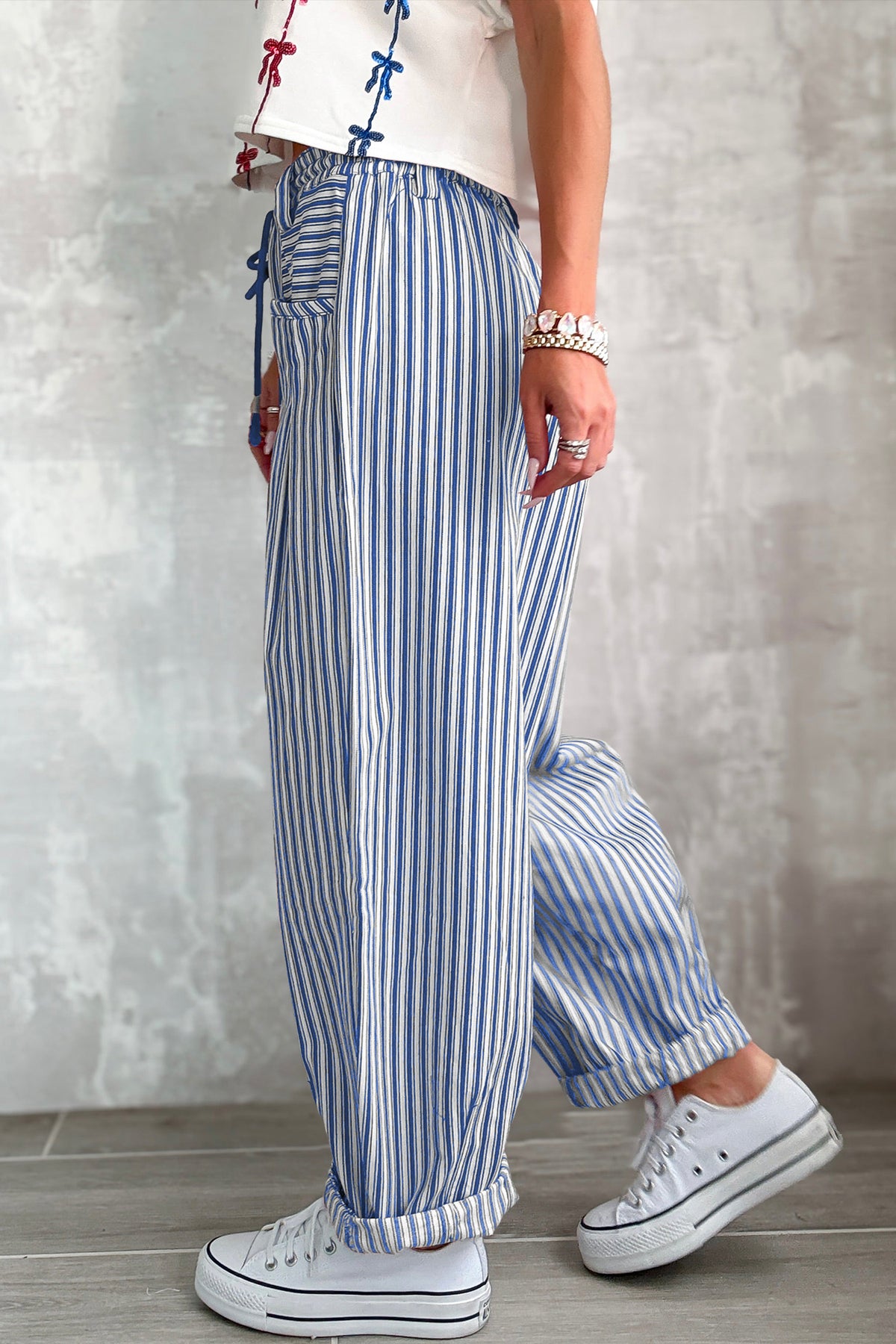 Blue Stripe Drawstring Casual Loose Pants PREORDER ETA 3 WEEKS