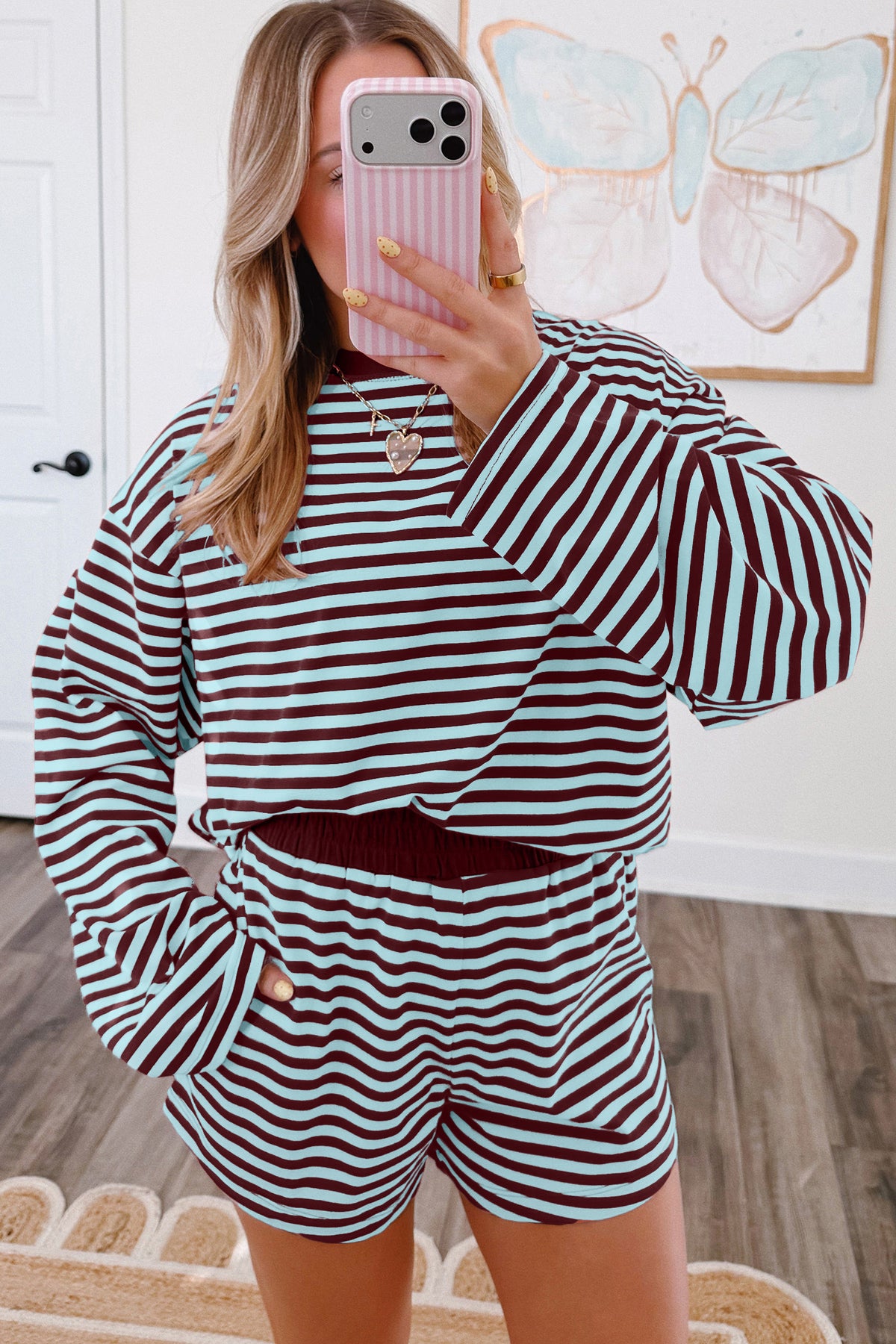 Brown Stripe Relaxed Long Sleeve Top Contrast Elastic Waistband Short Set PREORDER ETA 3 WEEKS