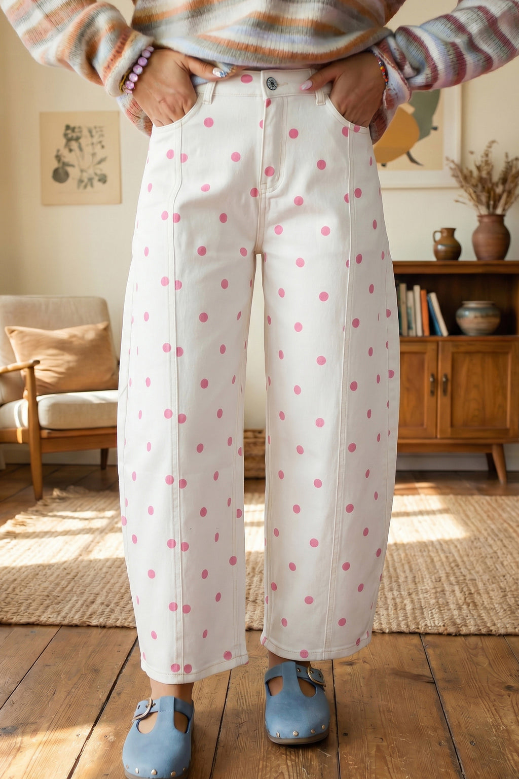Pink Tailored Seam Polka Dot Print Barrel Casual Jeans PREORDER ETA 3 WEEKS