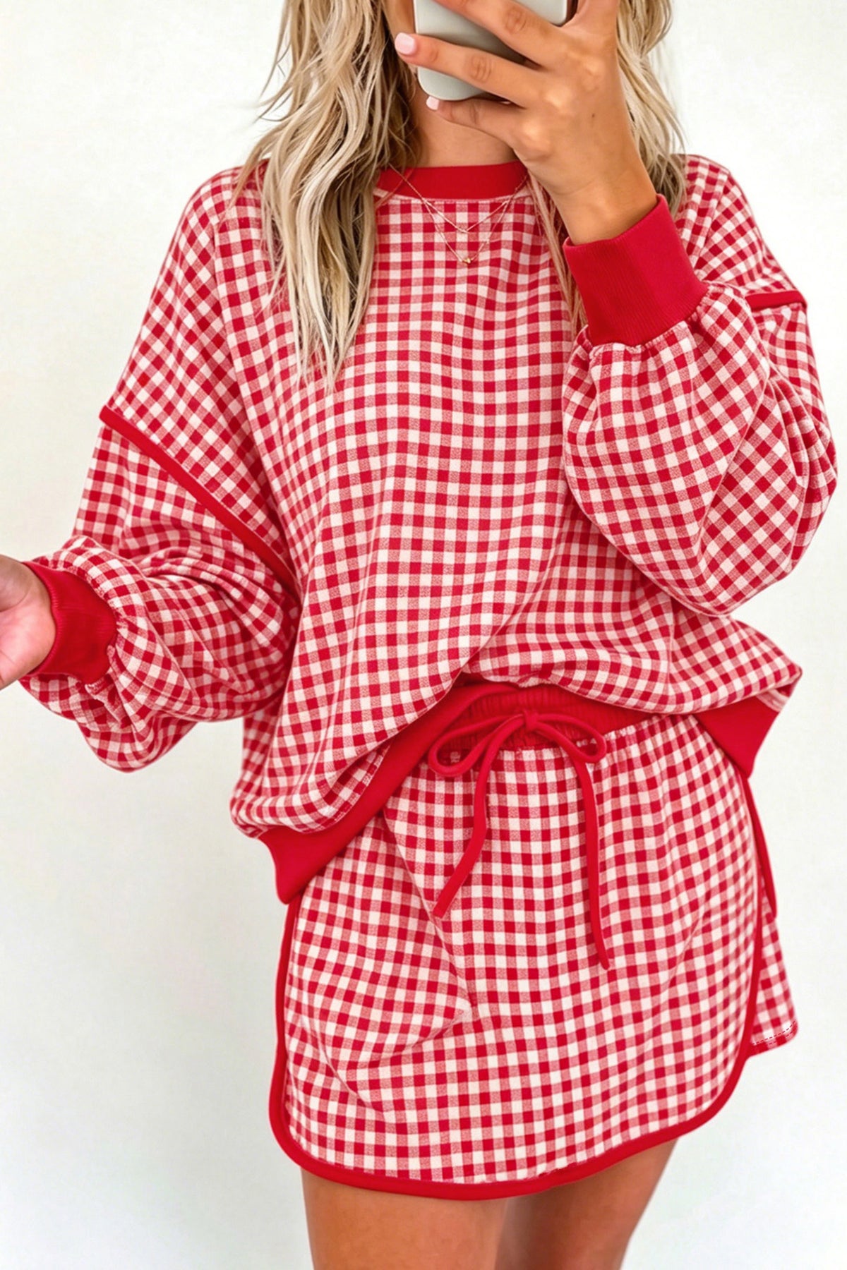 Green Gingham Oversized Ribbed Trim Crew Neck Long Sleeve Top and Skort Set PREORDER ETA 3 WEEKS