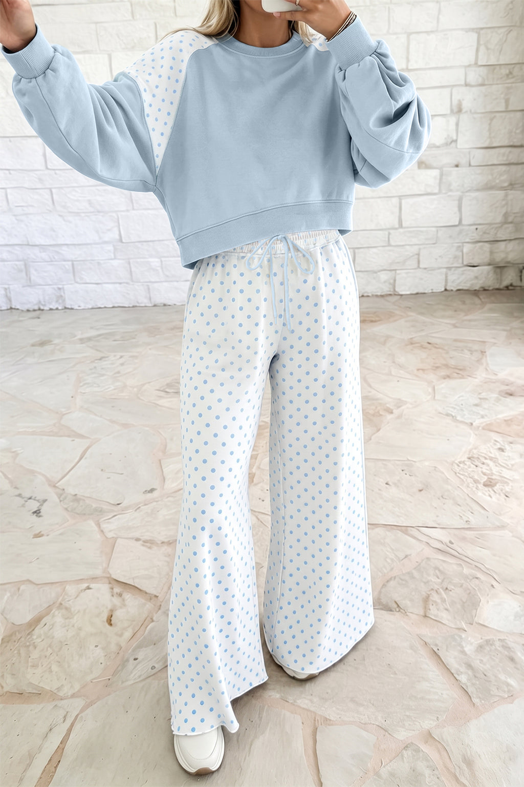 Green Polka Dot Patchwork Colorblock Long Sleeve Casual Two Piece Pants Set PREORDER ETA 3 WEEKS