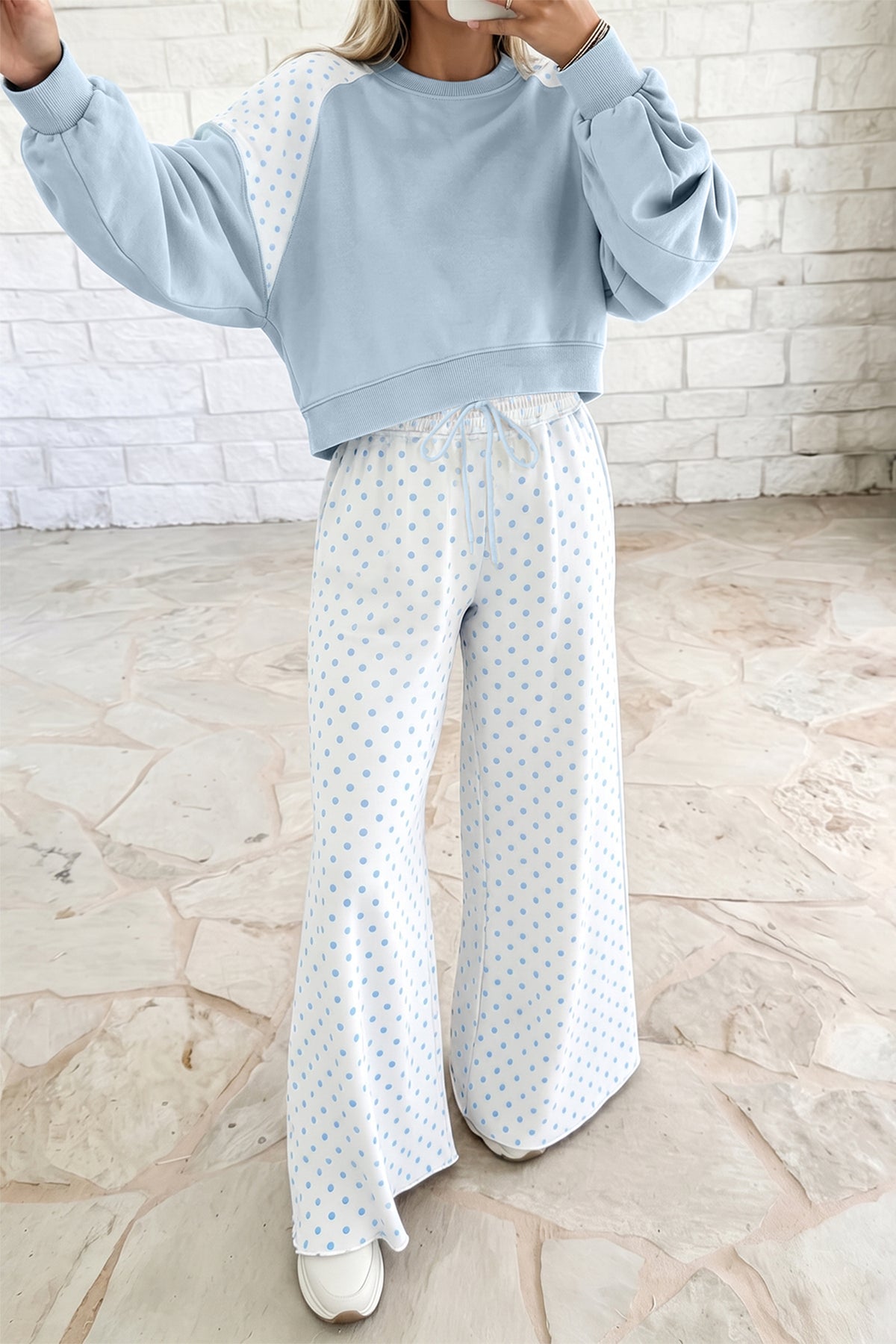 Green Polka Dot Patchwork Colorblock Long Sleeve Casual Two Piece Pants Set PREORDER ETA 3 WEEKS