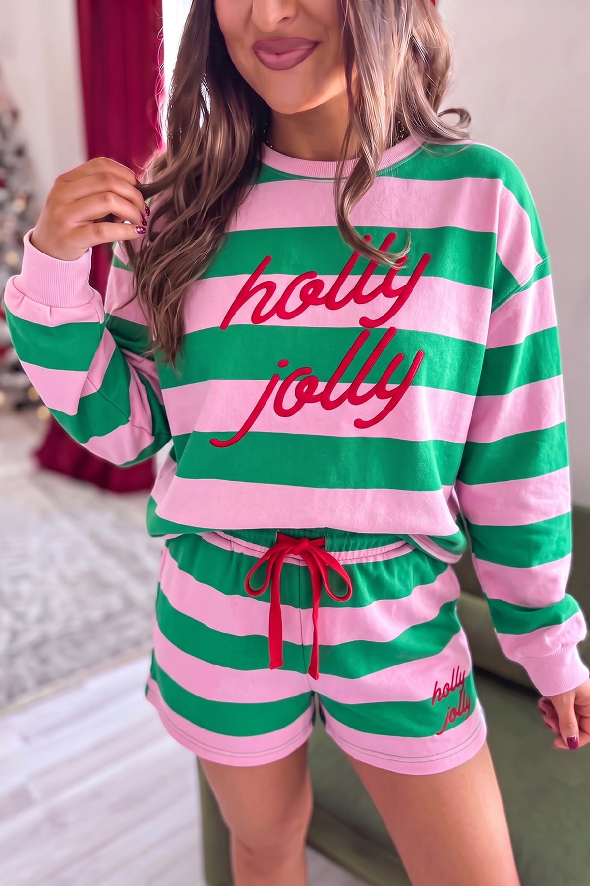 Pink Stripe Holly Jolly Embroidery Pullover Long Sleeve Two Piece Shorts Set PREORDER ETA 3 WEEKS
