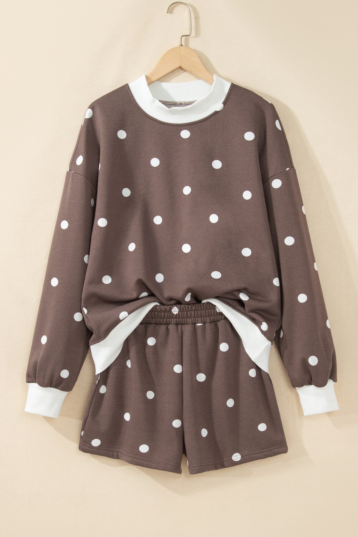 Brown Polka Dot Ribbed Trim Long Sleeve Top Casual Short Set PREORDER ETA 3 WEEKS