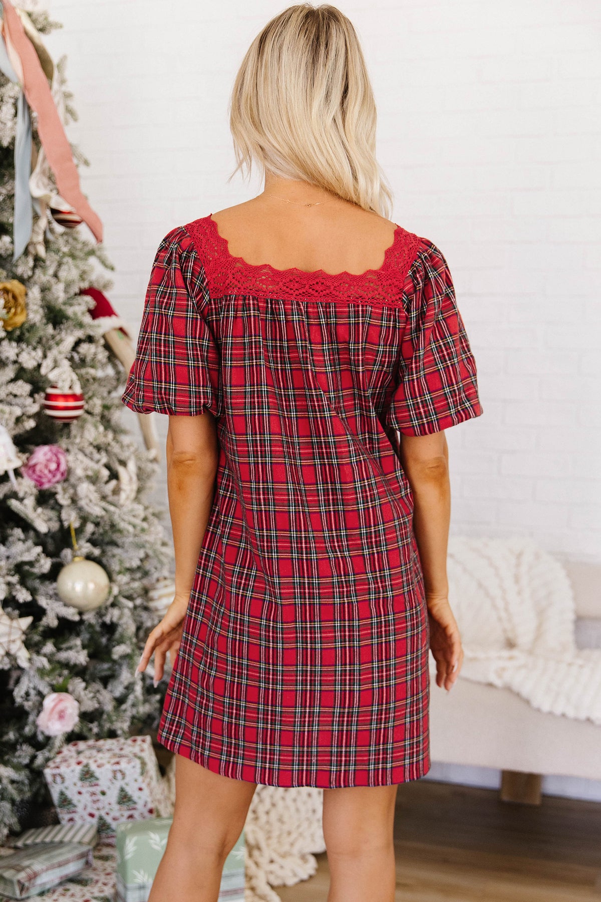 Red Plaid Square Collar Lace Trim Short Sleeve Shift Mini Dress PREORDER ETA 3 WEEKS