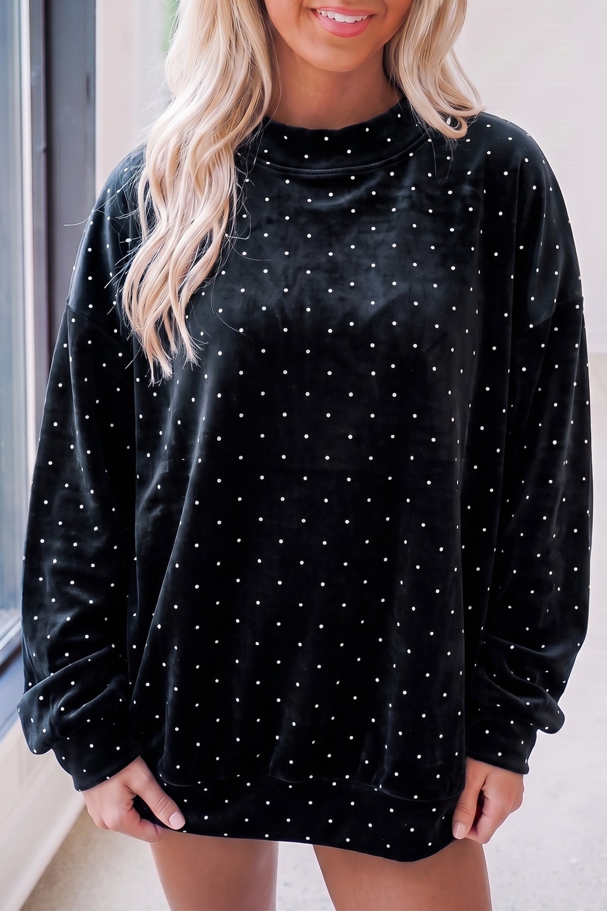 Black Velvet Polka Dot High Neck Tunic Pullover Sweatshirt PREORDER ETA 3 WEEKS