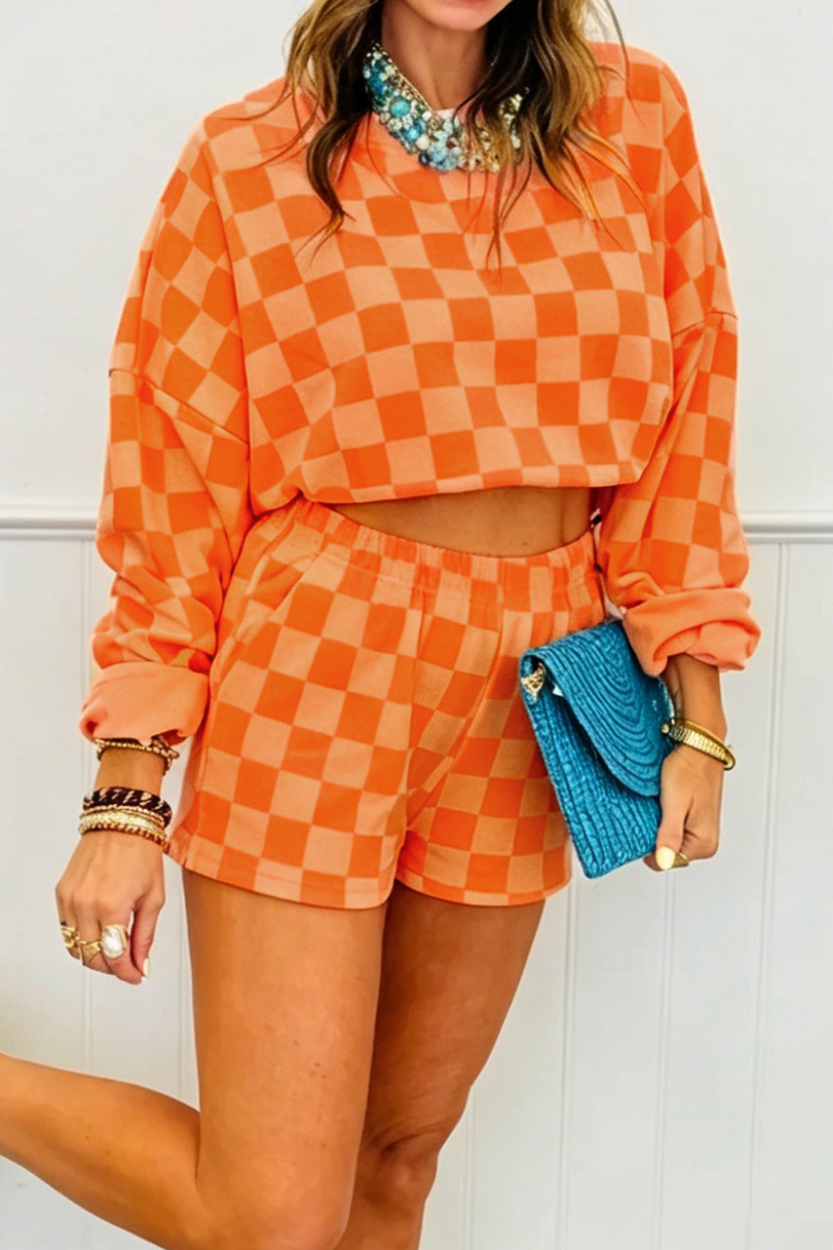 Orange Plaid Checkered Long Sleeve Crop Top Elastic Waist Shorts Two Piece Set PREORDER ETA 3 WEEKS