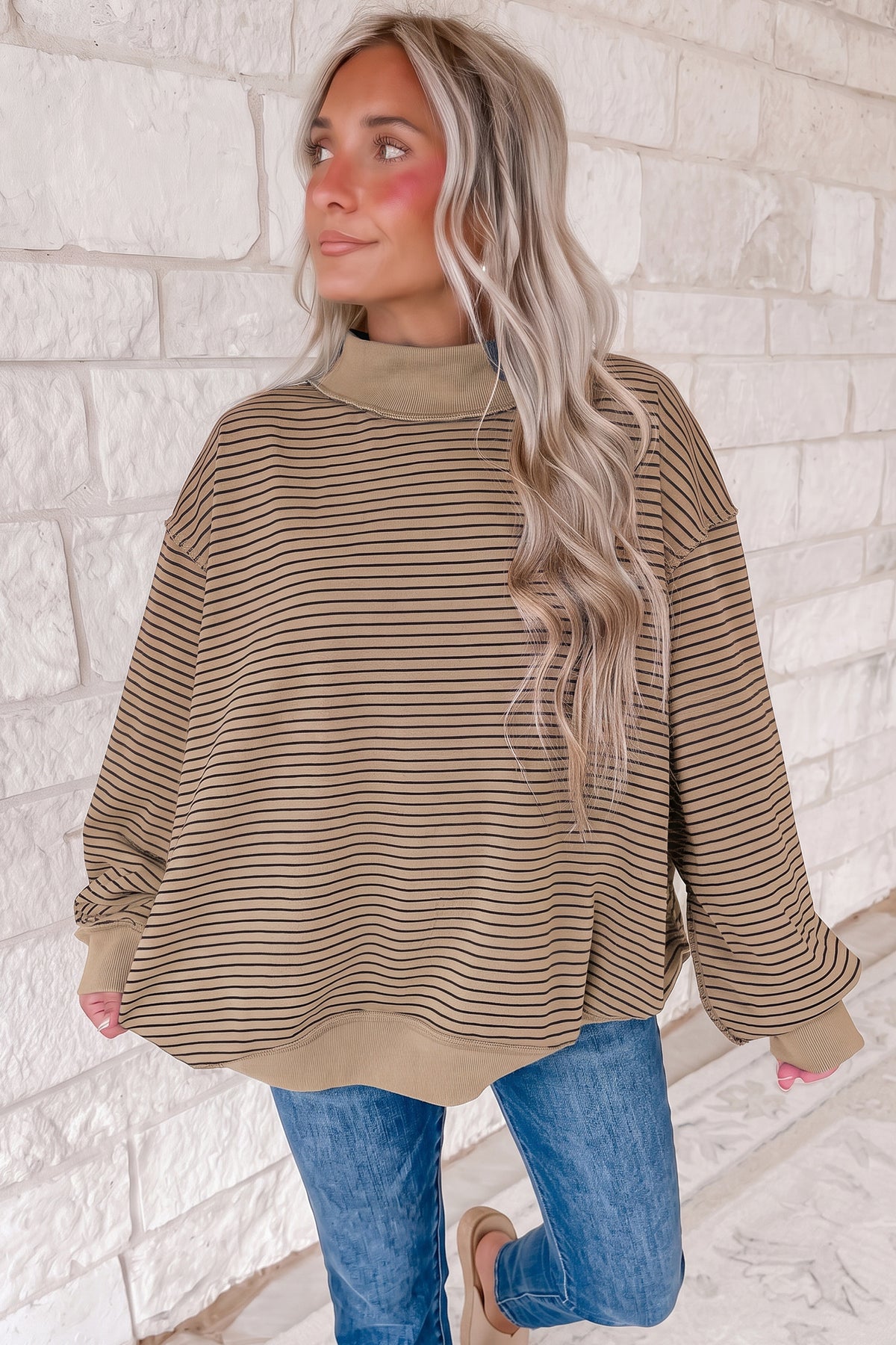 Khaki Stripe Ribbed Color Block Mock Neck Oversized Sweatshirt PREORDER ETA 3 WEEKS