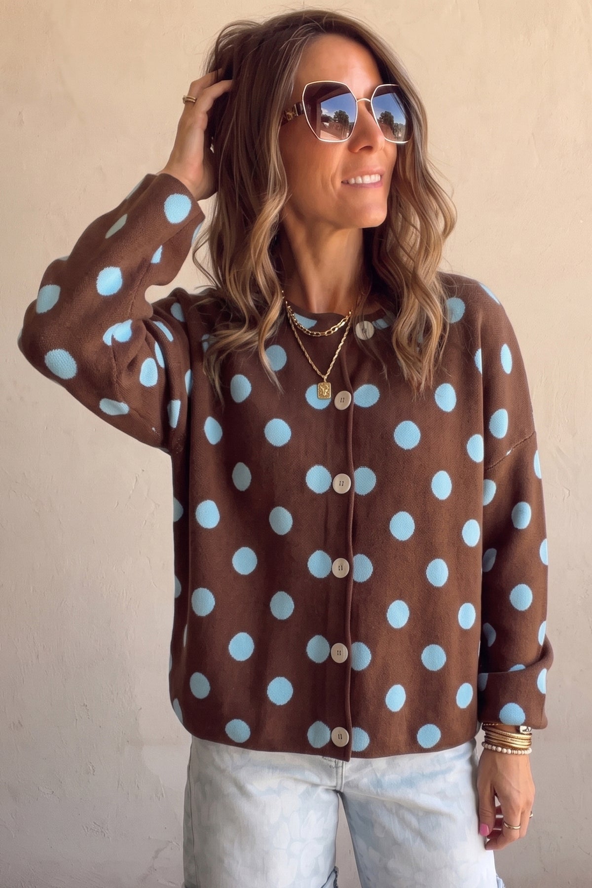Brown Polka Dot Button Down Dropped Shoulder Shift Cardigan PREORDER ETA 3 WEEKS