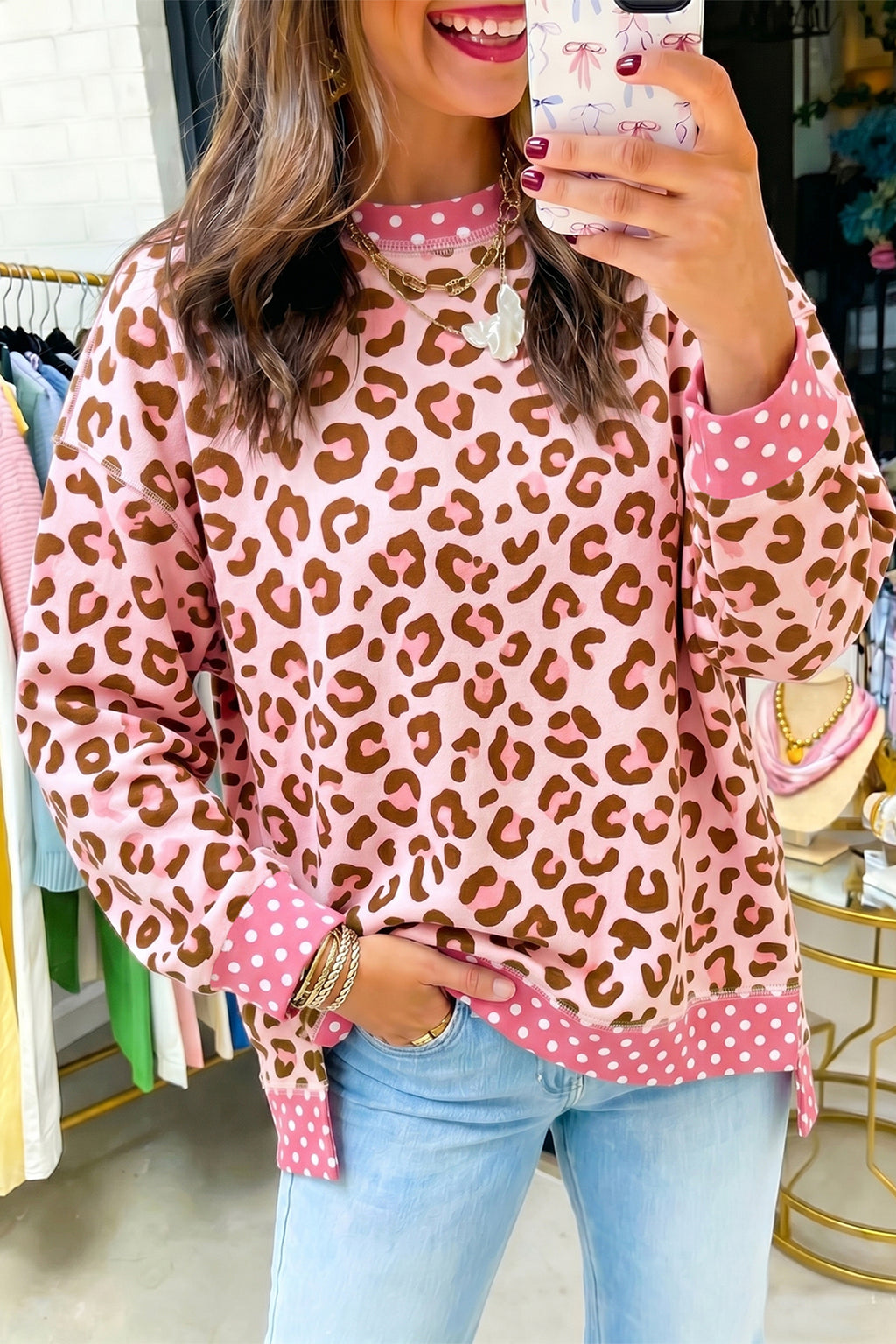 Pink Leopard Polka Dot Colorblock Trim Long Sleeve Top PREORDER ETA 3 WEEKS