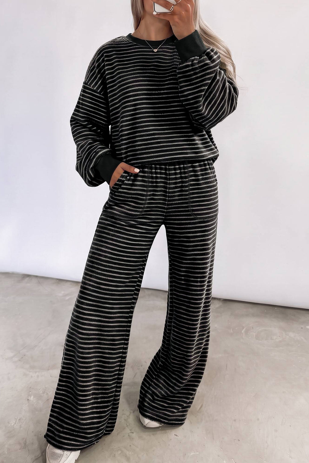 Black Stripe Cozy Terry Knit Long Sleeve Pullover Pocketed Shift Pants 2pcs Sets PREORDER ETA 3 WEEKS
