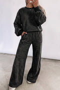 Black Stripe Cozy Terry Knit Long Sleeve Pullover Pocketed Shift Pants 2pcs Sets PREORDER ETA 3 WEEKS