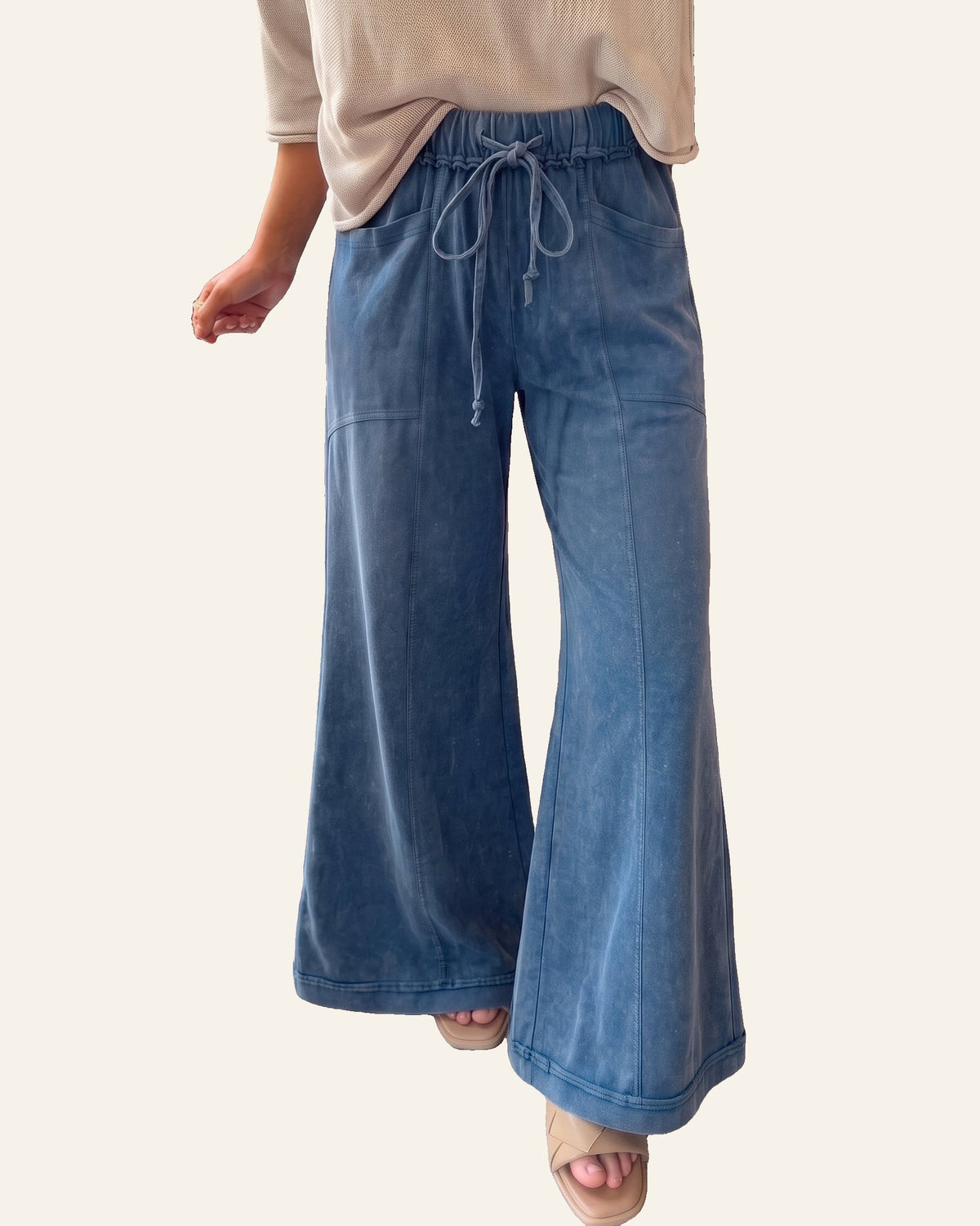 Ashleigh Blue Mineral Wash Seam Detail Flare Leg Drawstring Pants