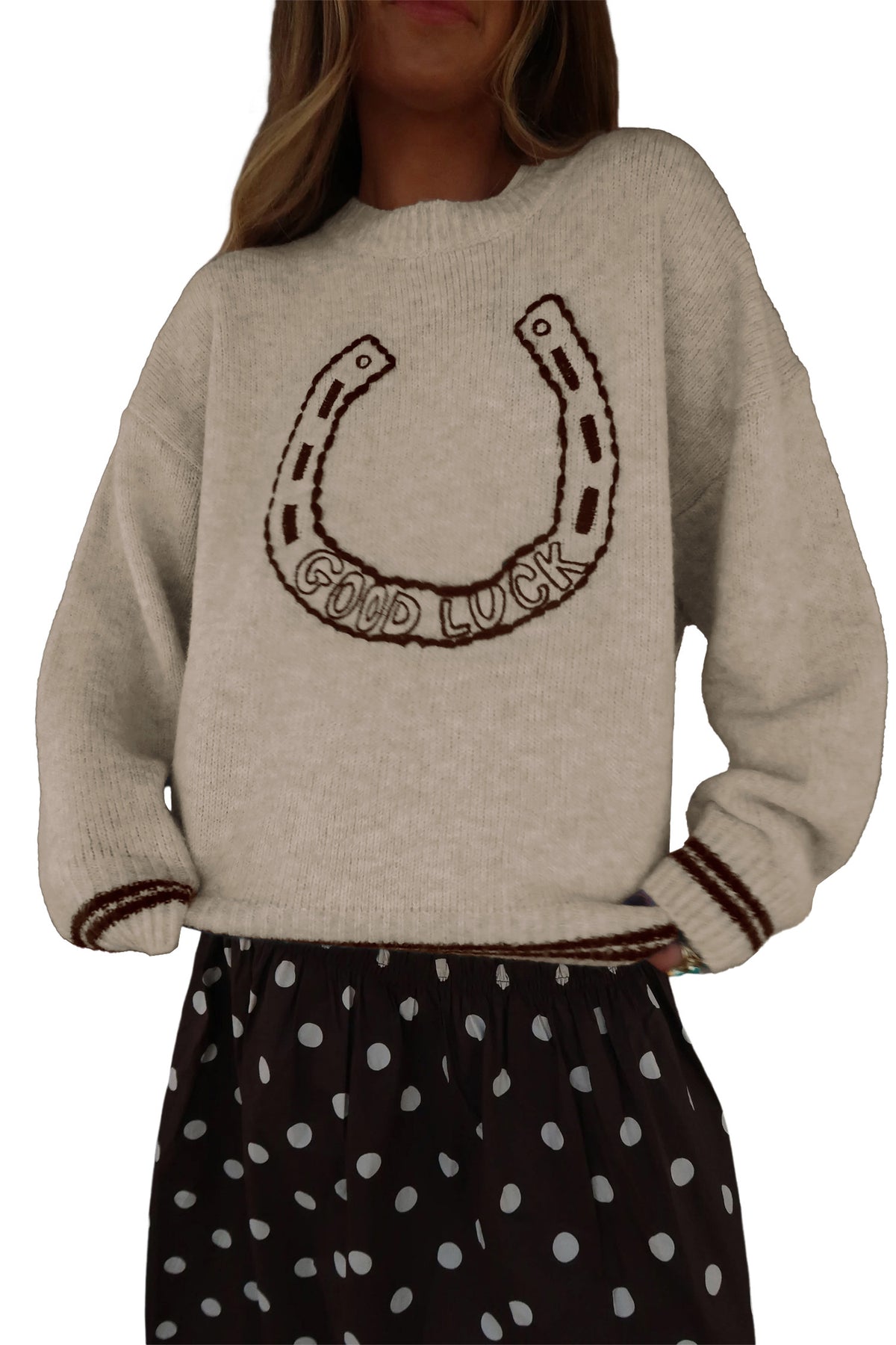 Gray Good Luck Western Horseshoe Crew Neck Knit Sweater PREORDER ETA 3 WEEKS