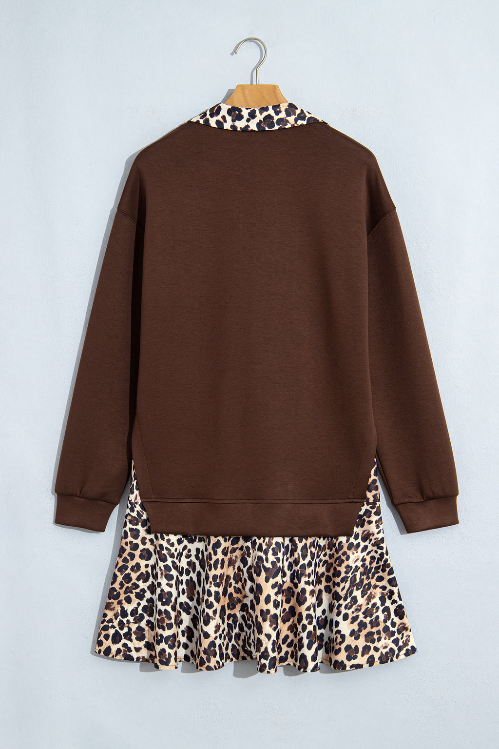 Coffee Leopard Patchwork Collar Long Sleeve Dress PREORDER ETA 3 WEEKS