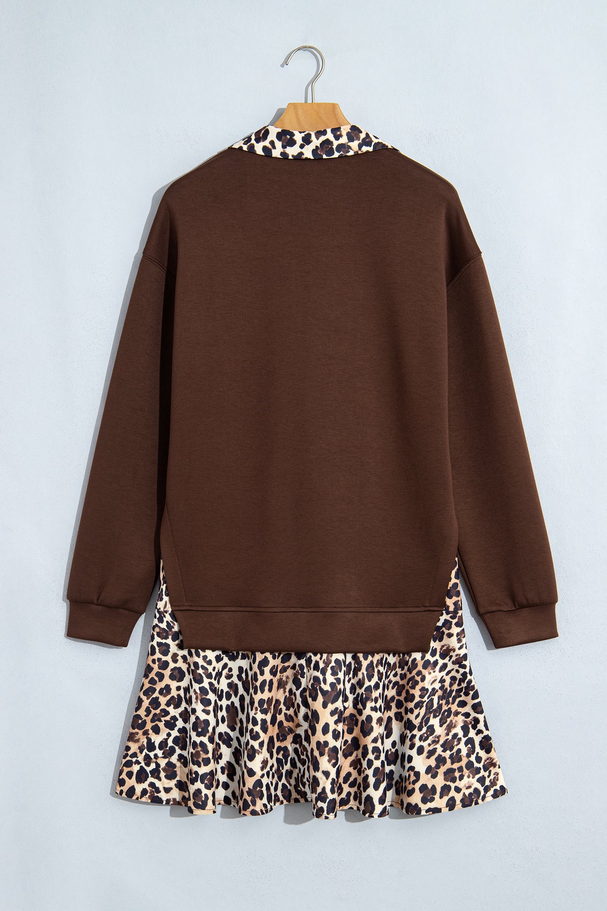 Coffee Leopard Patchwork Collar Long Sleeve Dress PREORDER ETA 3 WEEKS