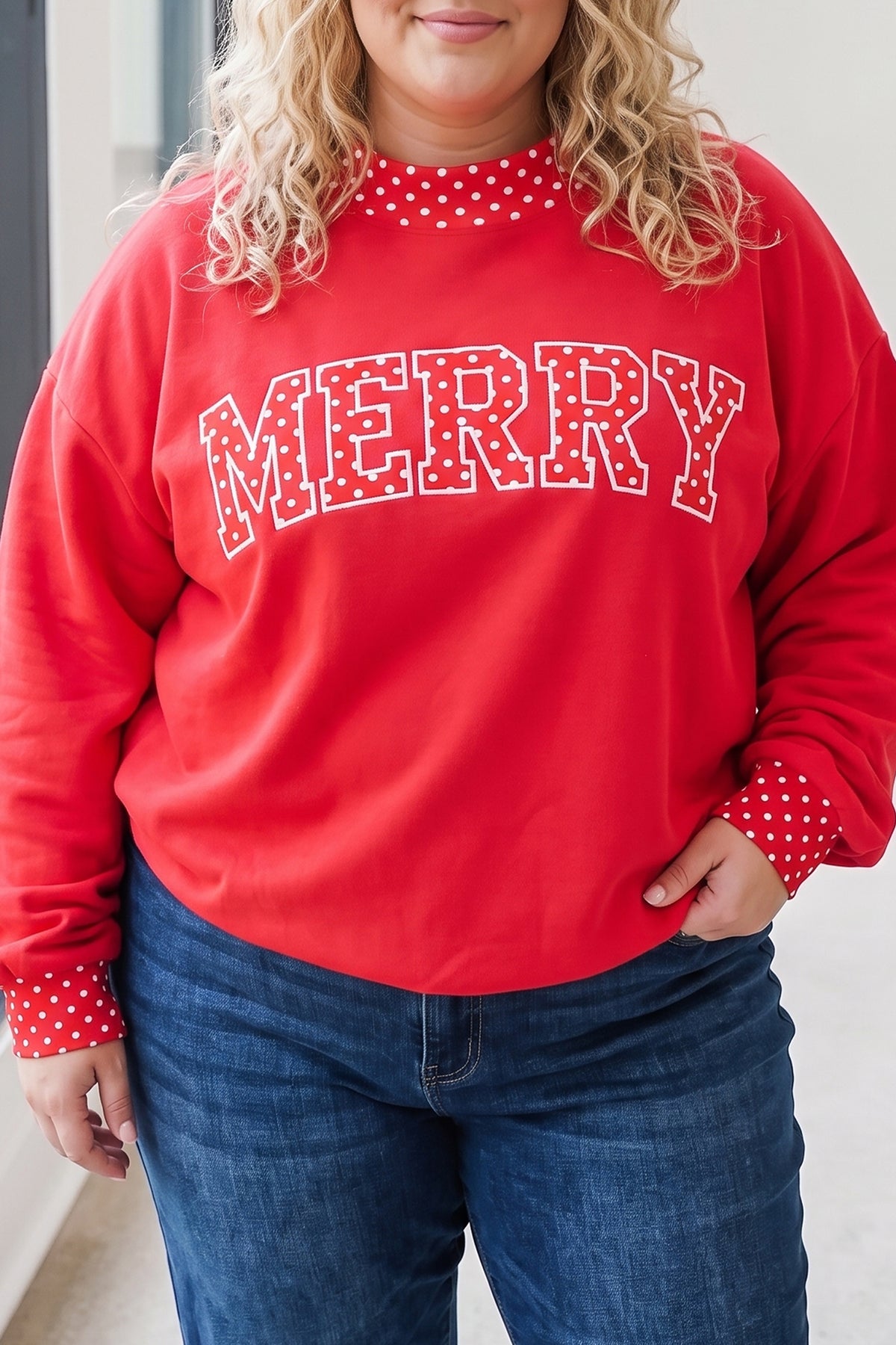 Dirty blue Casual Polka Dot Patchwork Letter Graphic Plus Size Sweatshirt PREORDER ETA 3 WEEKS