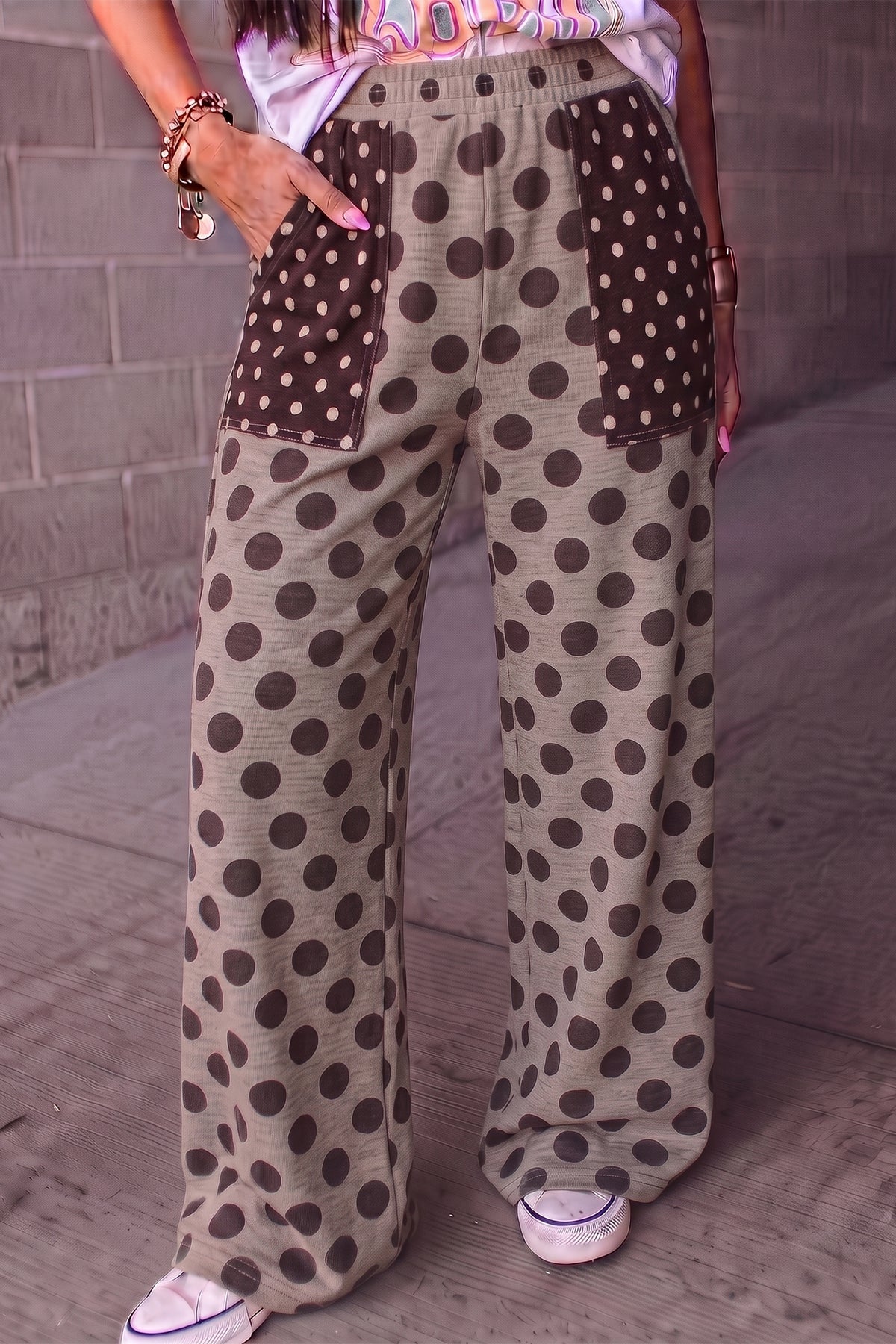 Brown Contrast Polka Dot Patch Pocket Elastic Waist Shift Pants PREORDER ETA 3 WEEKS