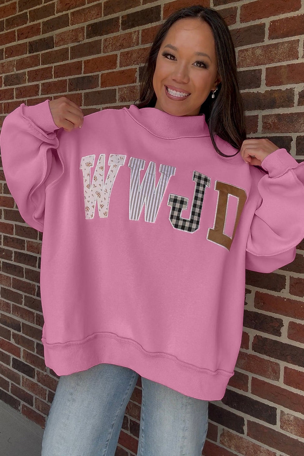 Bonbon WWJD Mixed Pattern Embroidered Patch Graphic Mock Neck Sweatshirt PREORDER ETA 3 WEEKS