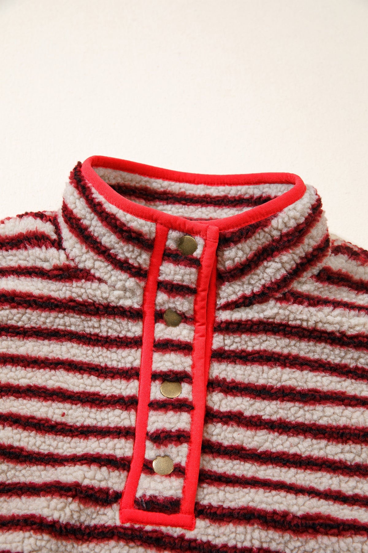 Red Striped Fuzzy Colorblock Button Placket Sweatshirt PREORDER ETA 3 WEEKS