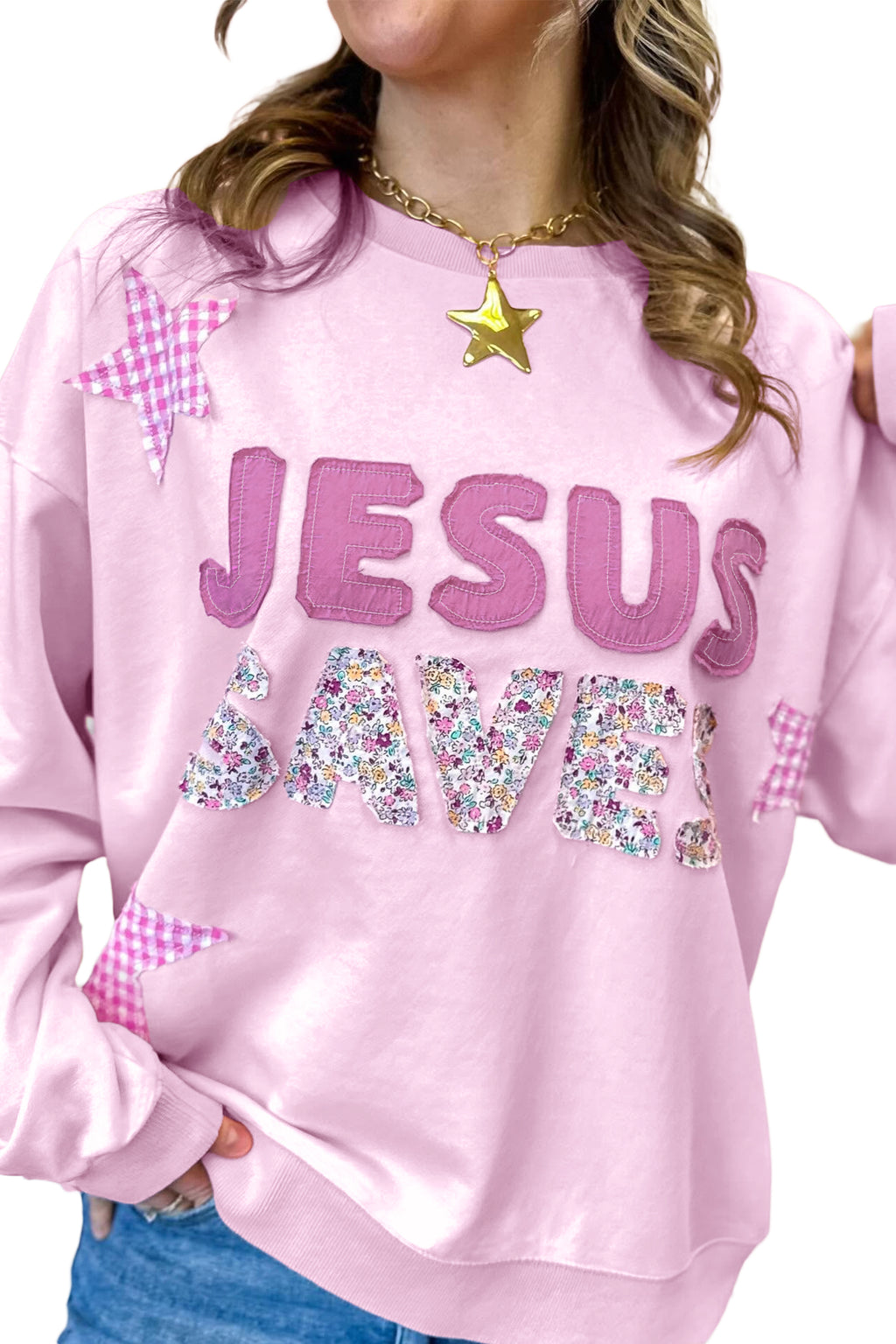 Pink JESUS SAVES Gingham Star Patchwork Detail Plus Size Sweatshirt PREORDER ETA 3 WEEKS