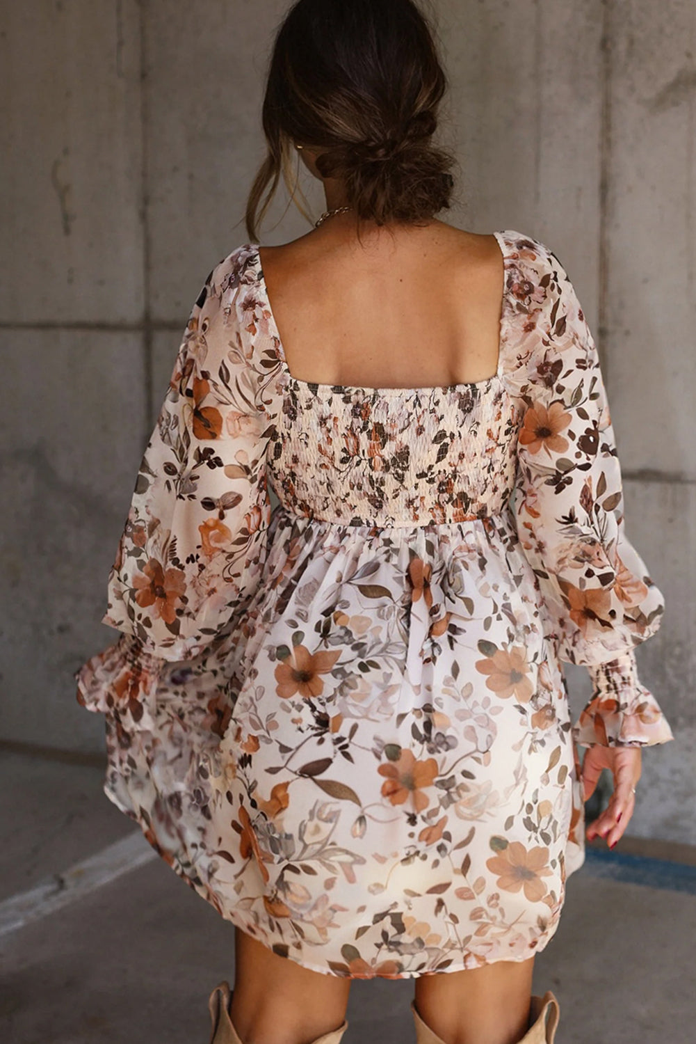 White Floral Print Sweetheart Neck Long Sleeve High Waist Mini Dress PREORDER ETA 3 WEEKS