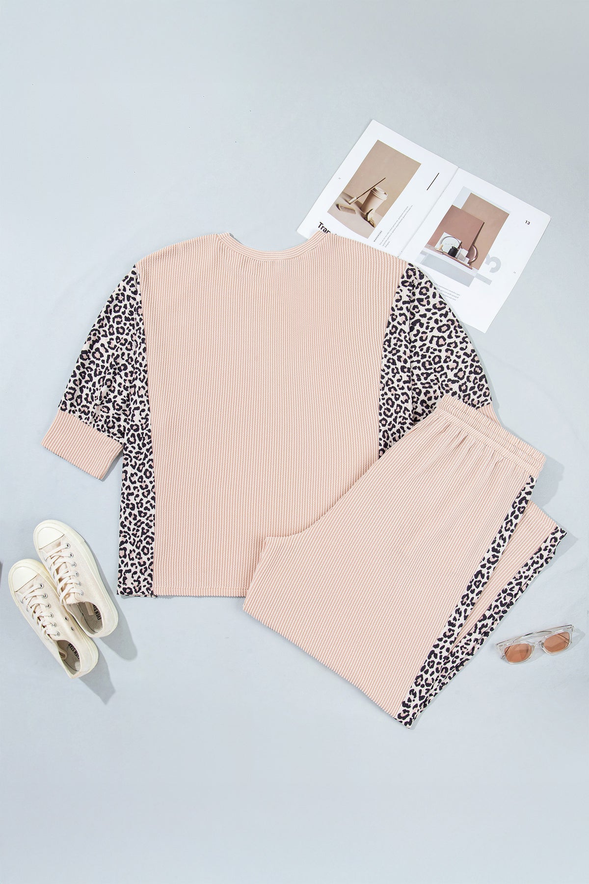 Light French Beige Leopard Print Ribbed Twist Long Sleeve Top Pants Plus Size Set PREORDER ETA 3 WEEKS